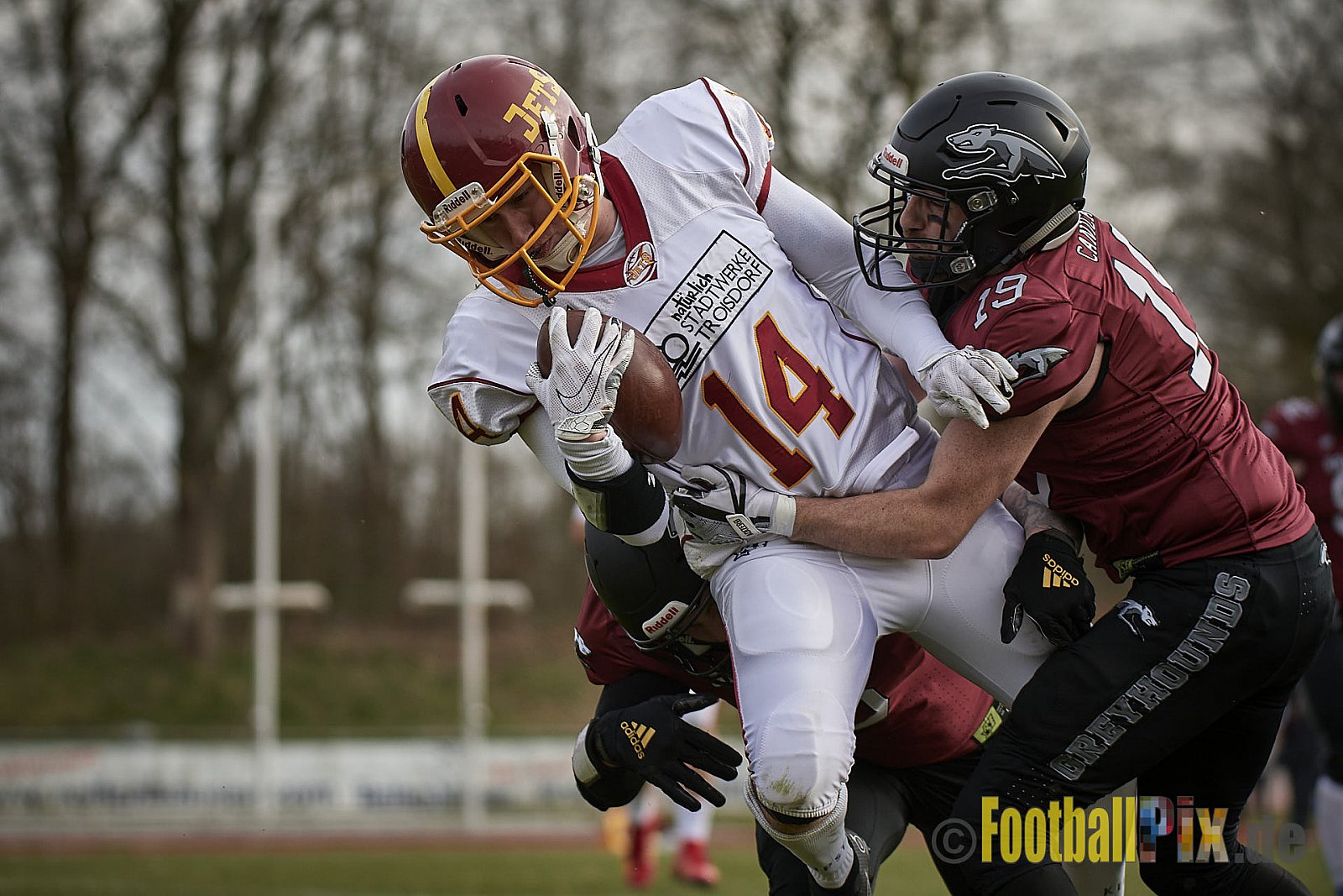 AFCV NRW Freundschaftsspiel Season 2022 Troisdorf Jets vs. Wuppertal Greyhounds am 12.03.2022 im Aggerstadion Troisdorf, Taubengasse 199, 53840 Troisdorf, Punkte Endstand 31 : 07.
[Bildnummer: 2022-03-12_0113] - TroisdorfJetsVsWuppertalGreyhounds