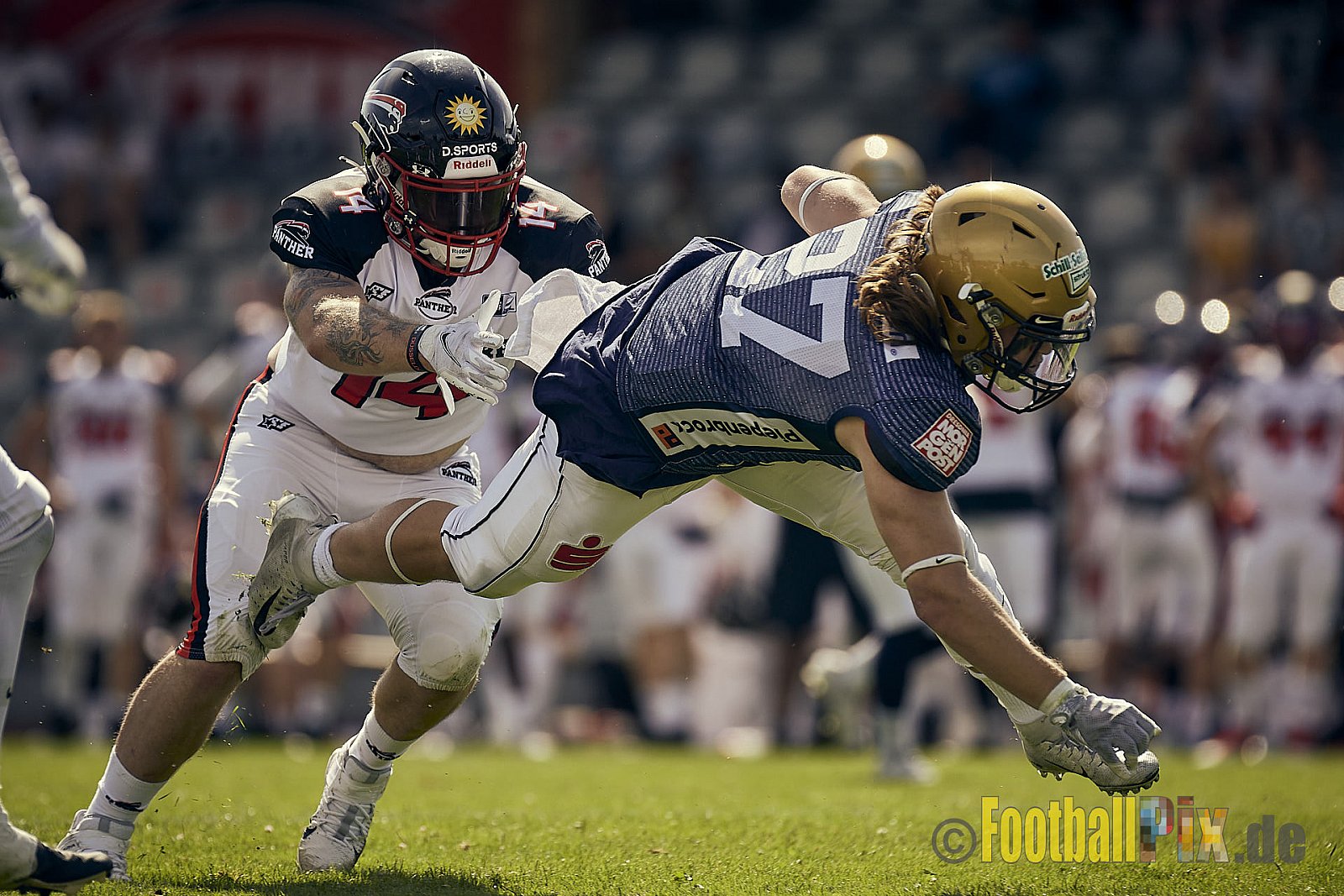 Spiel der GFL Season 2022 Düsseldorf Panther vs. Dresden Monarchs am 30.07.2022 im Stadion VfL Benrath, Karl-Hohmann-Straße 70, 40597 Düsseldorf, Punkte Endstand 00 : 21.
[Bildnummer: 2022-07-30_0182] - DPantherVsDresdenMonarchs