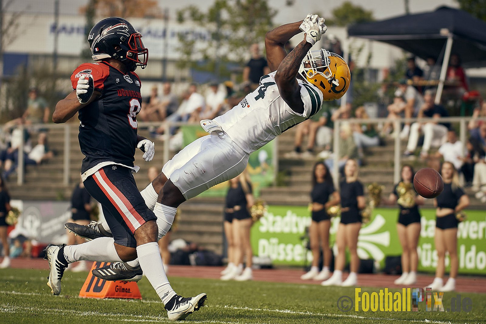 Spiel der GFL Season 2022 Düsseldorf Panther vs. Cologne Crocodiles am 20.08.2022 im Stadion VfL Benrath, Karl-Hohmann-Straße 70, 40597 Düsseldorf, Punkte Endstand 07 : 49.
[Bildnummer: 2022-08-20_0075] - DPantherVsCologneCrocodiles