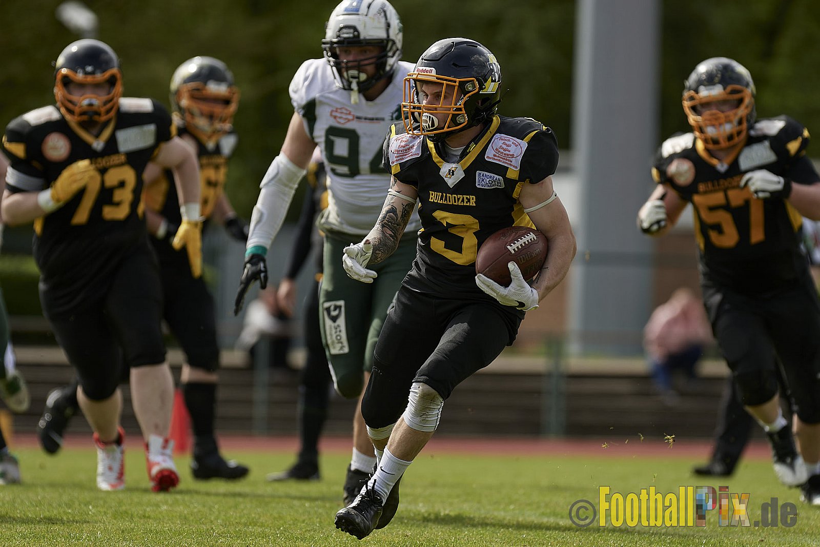 AFCV Regionalliga Season 2023 Düsseldorf Bulldozer vs. Bielefeld Bulldogs am 23.04.2023 im Stadion Sportpark Niederheid, Paul-Thomas-Straße 35, 40589 Düsseldorf, Punkte Endstand 0 : 34.
[2023-04-23_0078] - DBulldozerVsBielefeldBulldogs