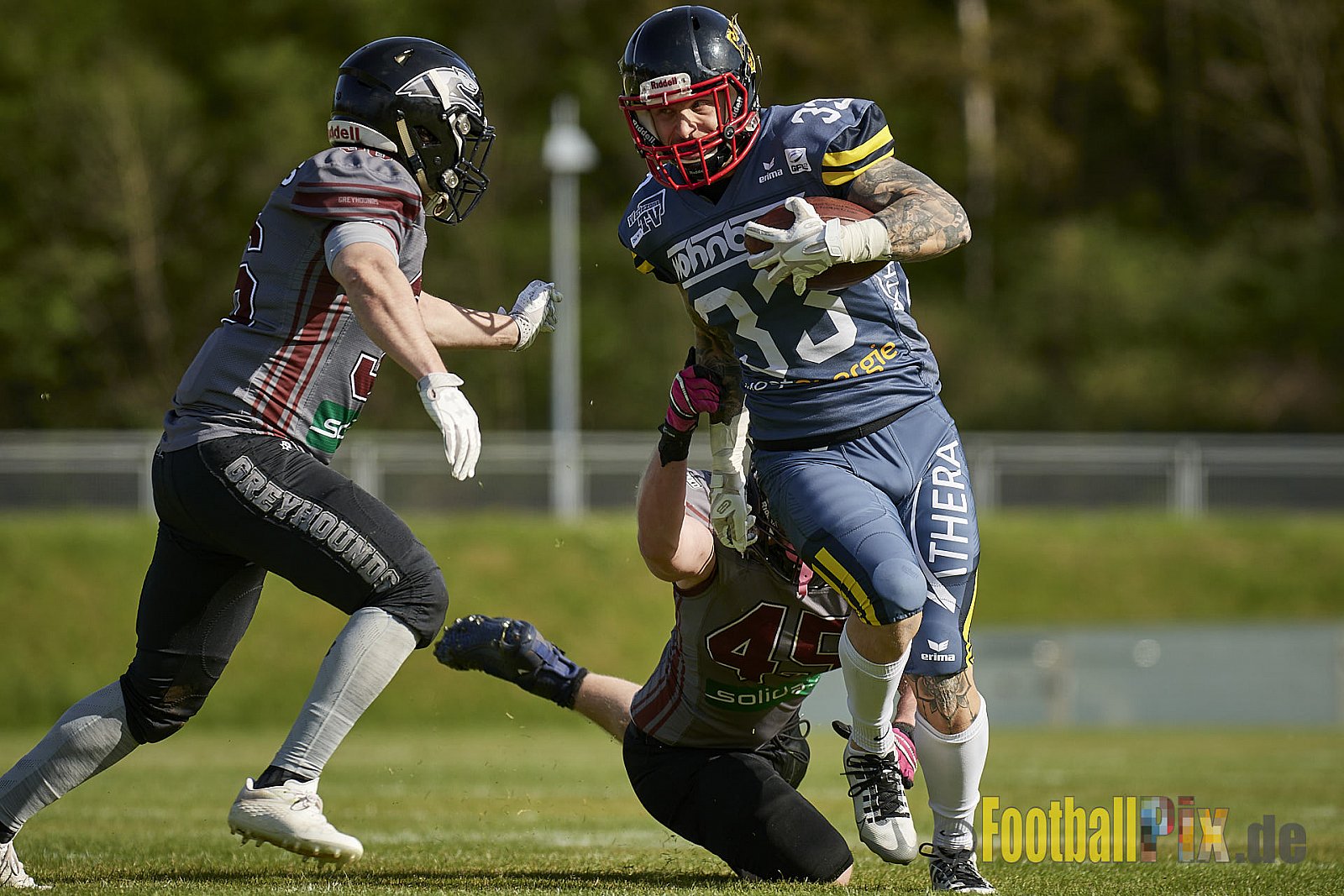 AFCV Regionalliga Season 2023 Essen Assindia Cardinals vs. Wuppertal Greyhounds am 30.04.2023 im Stadion Stadion am Hallo, Hallostraße 50, 45141 Essen, Punkte Endstand 12 : 27.
[2023-04-30_0308] - EssenAssindiaCardinalsVsWuppertalGreyhounds