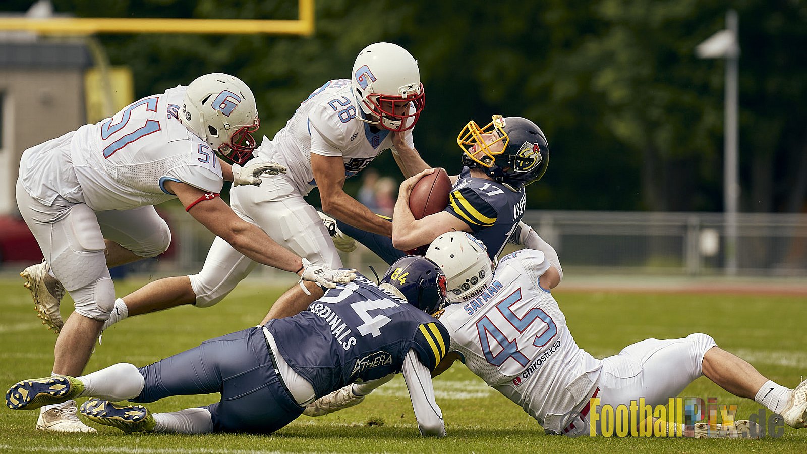 AFCV Regionalliga Season 2023 Essen Assindia Cardinals vs. Bonn Gamecocks am 21.05.2023 im Stadion am Hallo, Hallostraße 50, 45141 Essen, Punkte Endstand: 20 : 28
[Bildnummer: 2023-05-21_0072] - EssenAssindiaCardinalsVsBonnGamecocks