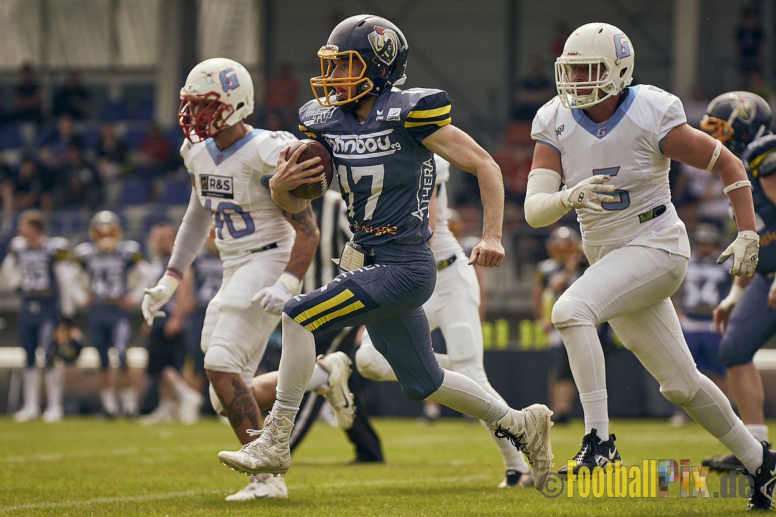 AFCV Regionalliga Season 2023 Essen Assindia Cardinals vs. Bonn Gamecocks am 21.05.2023 im Stadion am Hallo, Hallostraße 50, 45141 Essen, Punkte Endstand: 20 : 28
[Bildnummer: 2023-05-21_0120] - EssenAssindiaCardinalsVsBonnGamecocks