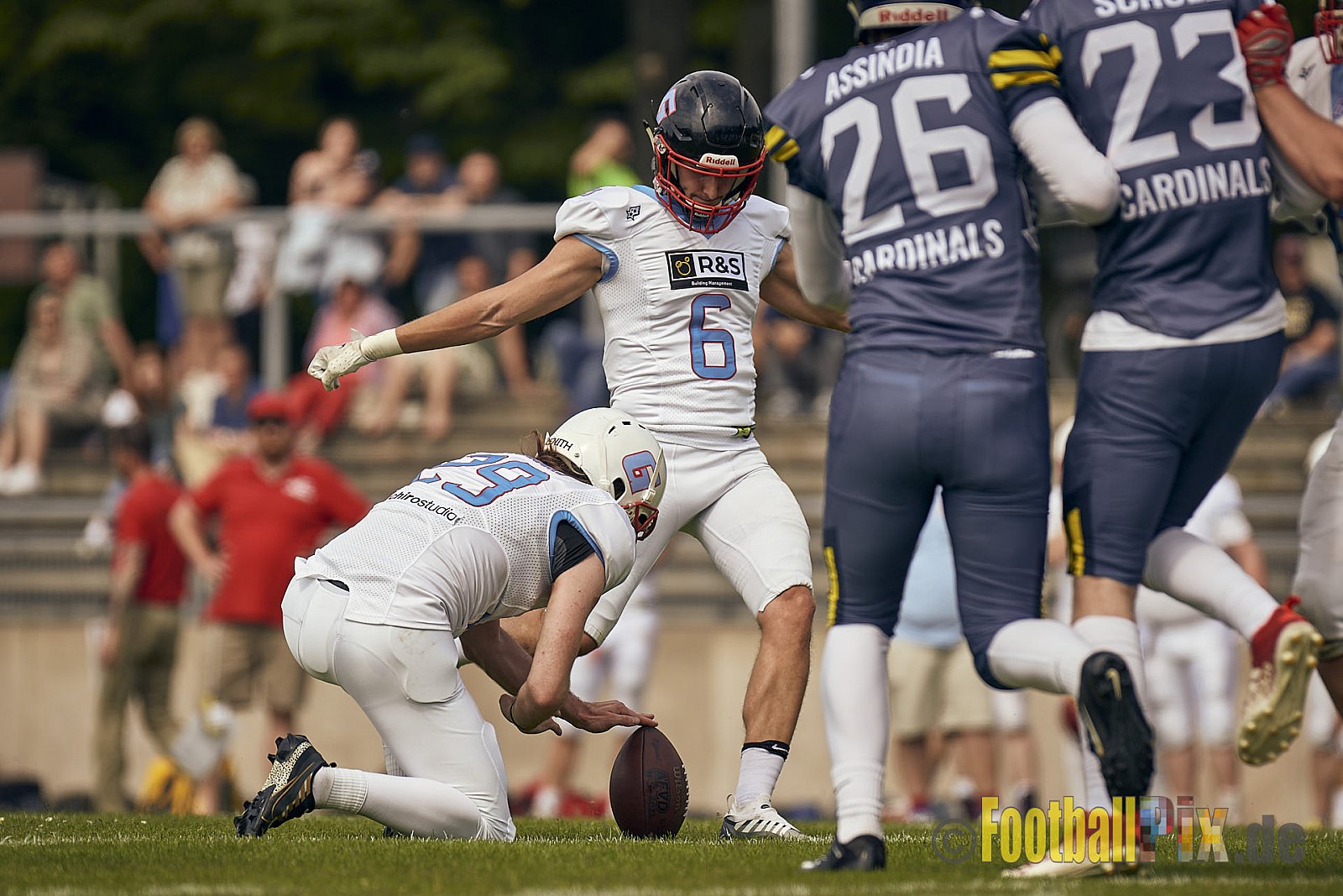 AFCV Regionalliga Season 2023 Essen Assindia Cardinals vs. Bonn Gamecocks am 21.05.2023 im Stadion am Hallo, Hallostraße 50, 45141 Essen, Punkte Endstand: 20 : 28
[Bildnummer: 2023-05-21_0165] - EssenAssindiaCardinalsVsBonnGamecocks