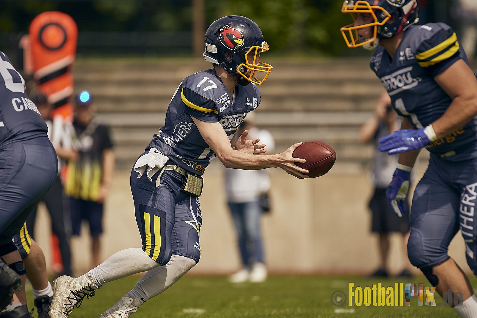 AFCV Regionalliga Season 2023 Essen Assindia Cardinals vs. Bonn Gamecocks am 21.05.2023 im Stadion am Hallo, Hallostraße 50, 45141 Essen, Punkte Endstand: 20 : 28
[Bildnummer: 2023-05-21_0172] - EssenAssindiaCardinalsVsBonnGamecocks