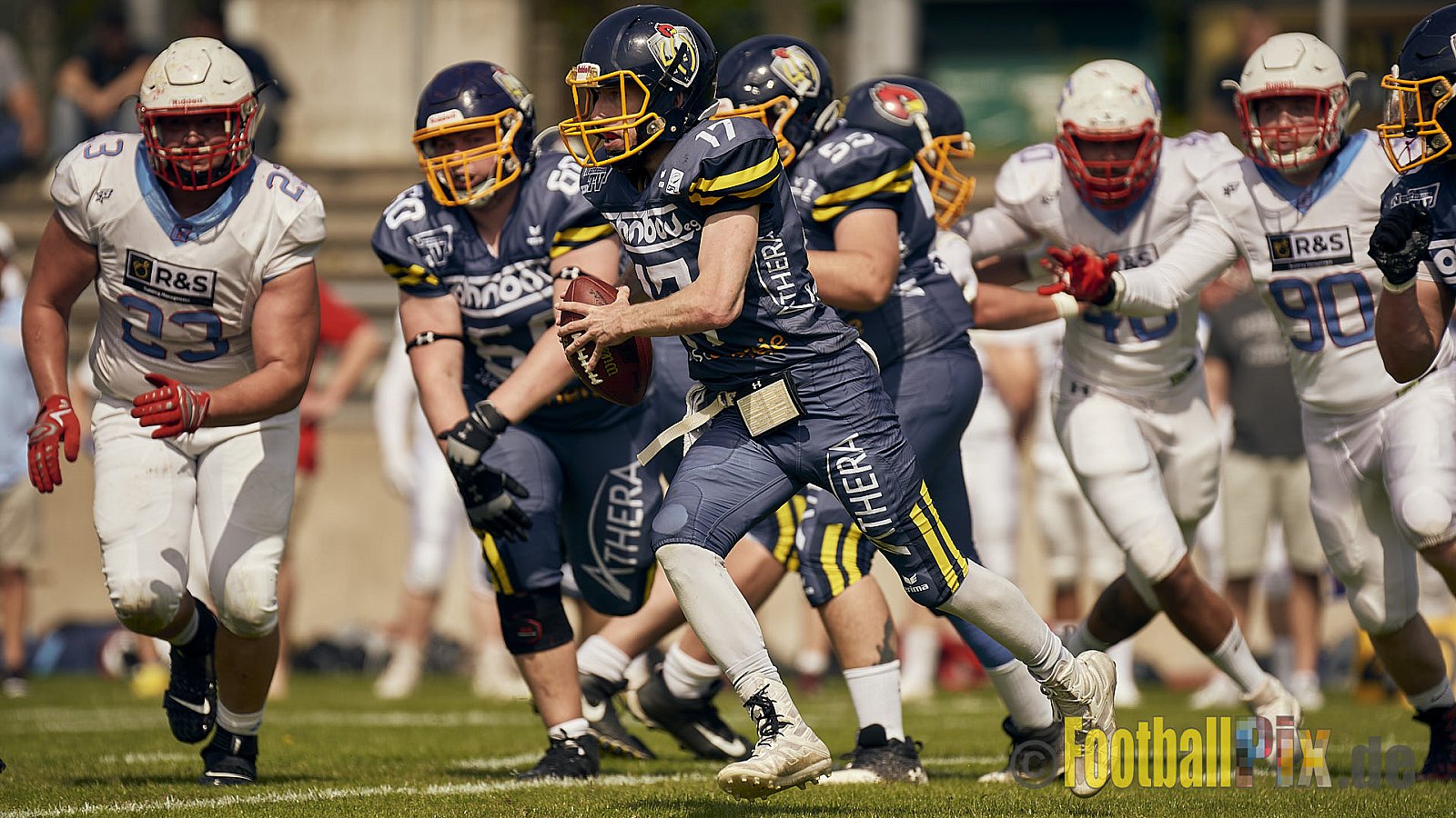 AFCV Regionalliga Season 2023 Essen Assindia Cardinals vs. Bonn Gamecocks am 21.05.2023 im Stadion am Hallo, Hallostraße 50, 45141 Essen, Punkte Endstand: 20 : 28
[Bildnummer: 2023-05-21_0209] - EssenAssindiaCardinalsVsBonnGamecocks