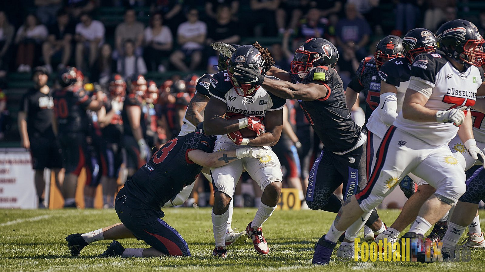 GFL2 Season 2023 Solingen Paladins vs. Düsseldorf Panther am 27.05.2023 im Stadion Jahnkampfbahn Solingen, Adolf-Clarenbach-Straße 36, 42719 Solingen. Punkte Endstand 20 : 21.
[Bildnummer: 2023-05-27_0039] - SolingenPaladinsVsDPanther