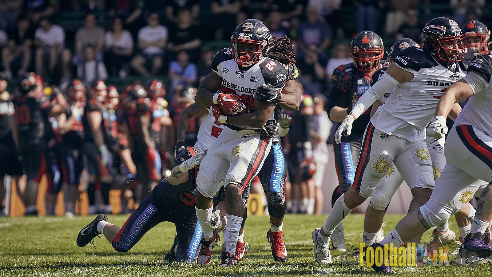 GFL2 Season 2023 Solingen Paladins vs. Düsseldorf Panther am 27.05.2023 im Stadion Jahnkampfbahn Solingen, Adolf-Clarenbach-Straße 36, 42719 Solingen. Punkte Endstand 20 : 21.
[Bildnummer: 2023-05-27_0041] - SolingenPaladinsVsDPanther