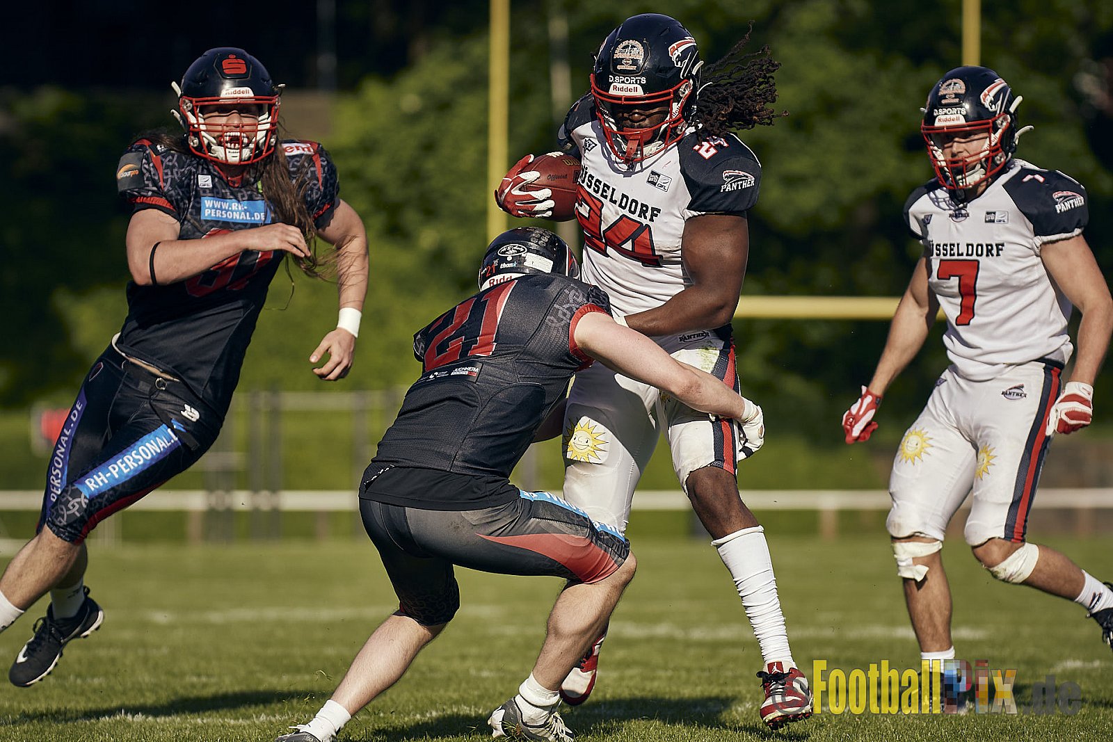 GFL2 Season 2023 Solingen Paladins vs. Düsseldorf Panther am 27.05.2023 im Stadion Jahnkampfbahn Solingen, Adolf-Clarenbach-Straße 36, 42719 Solingen. Punkte Endstand 20 : 21.
[Bildnummer: 2023-05-27_0316] - SolingenPaladinsVsDPanther