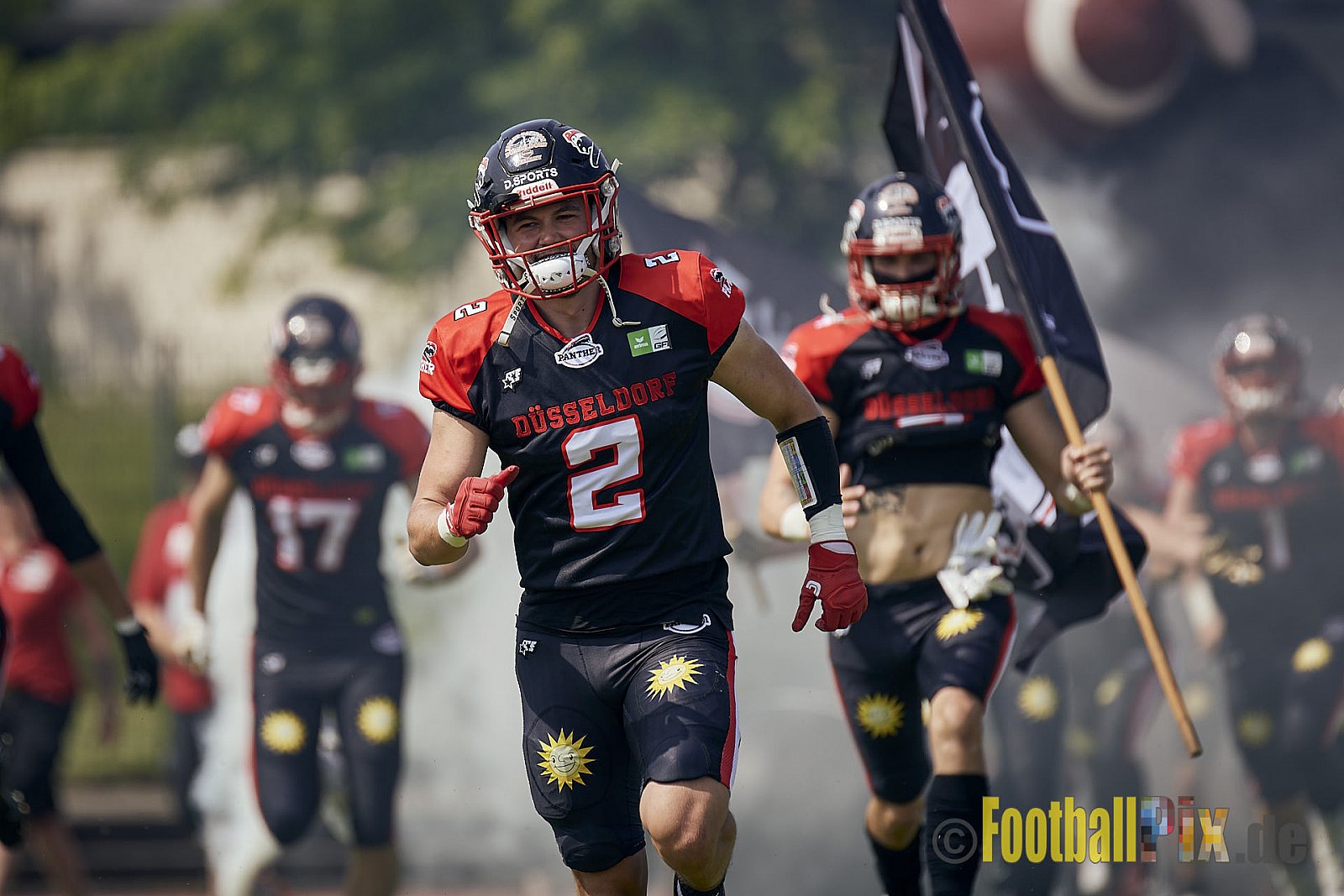 Spiel der GFL2 Season 2023 Düsseldorf Panther vs. Rostock Griffins am 17.06.2023 im Stadion VfL Benrath, Karl-Hohmann-Straße 70, 40597 Düsseldorf. Punkte Endstand 46 : 26. 
Bildnummer: 2023-06-17_0011 - DPantherVsRostockGriffins