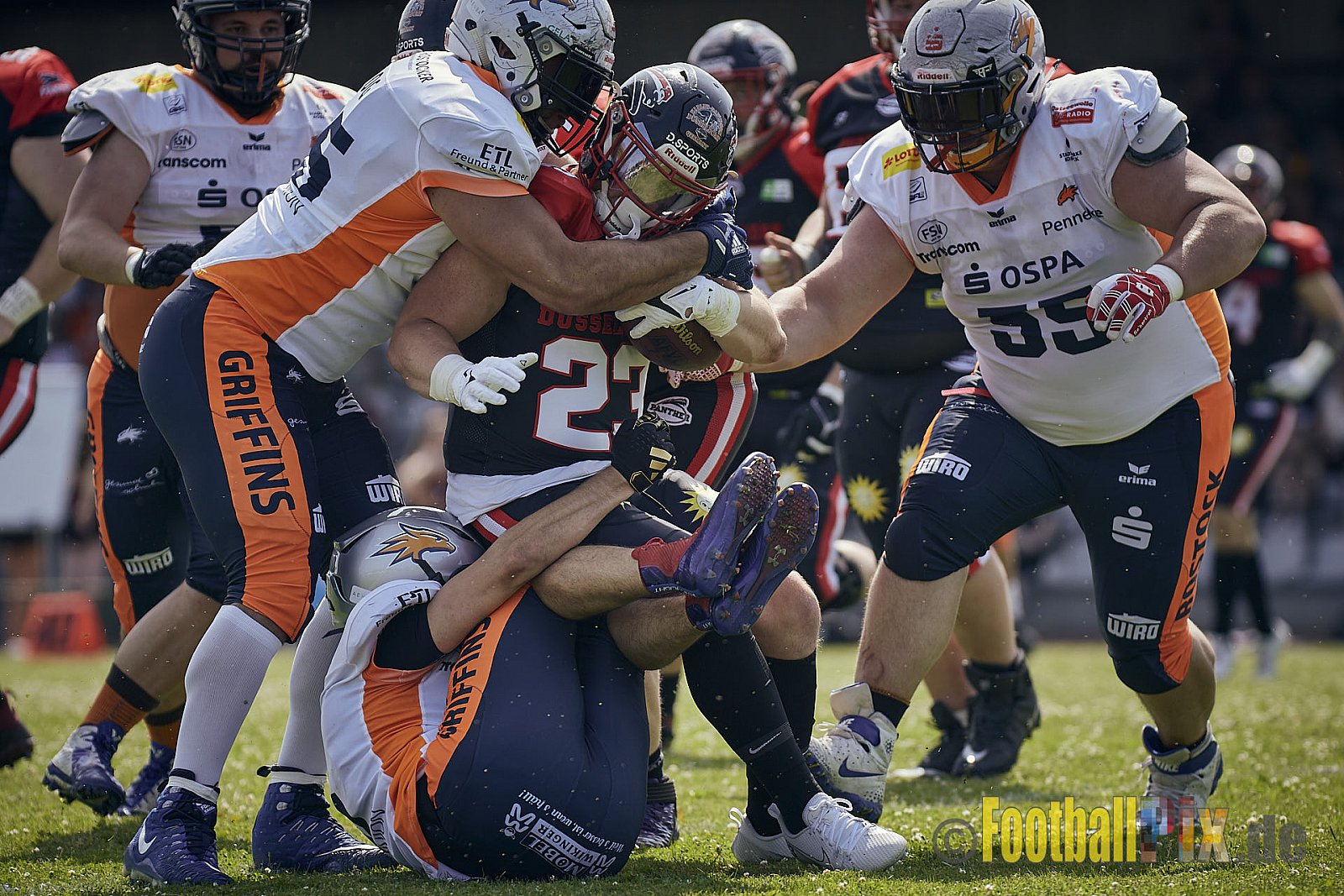 Spiel der GFL2 Season 2023 Düsseldorf Panther vs. Rostock Griffins am 17.06.2023 im Stadion VfL Benrath, Karl-Hohmann-Straße 70, 40597 Düsseldorf. Punkte Endstand 46 : 26. 
Bildnummer: 2023-06-17_0081 - DPantherVsRostockGriffins
