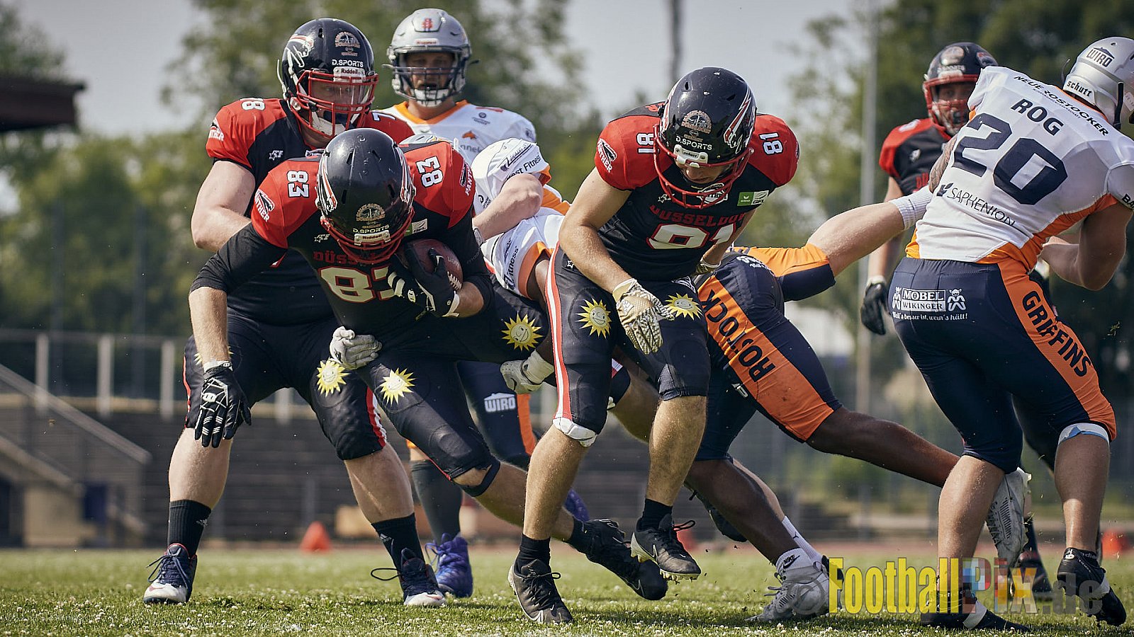 Spiel der GFL2 Season 2023 Düsseldorf Panther vs. Rostock Griffins am 17.06.2023 im Stadion VfL Benrath, Karl-Hohmann-Straße 70, 40597 Düsseldorf. Punkte Endstand 46 : 26. 
Bildnummer: 2023-06-17_0103 - DPantherVsRostockGriffins