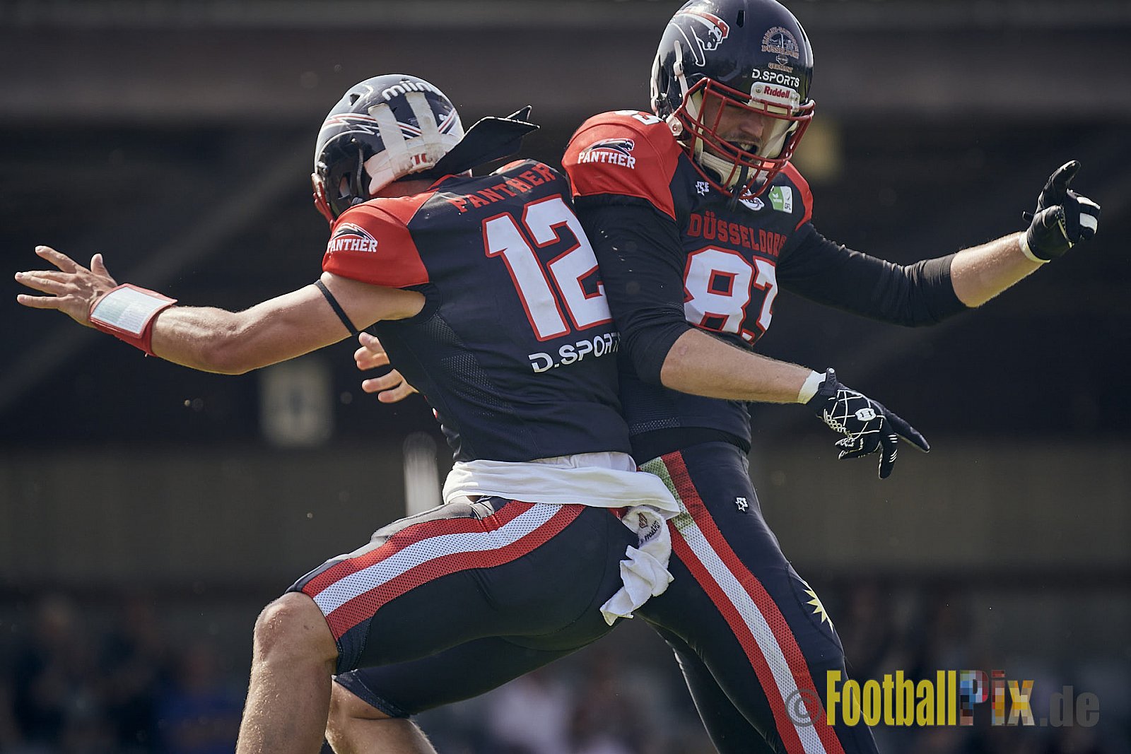 Spiel der GFL2 Season 2023 Düsseldorf Panther vs. Rostock Griffins am 17.06.2023 im Stadion VfL Benrath, Karl-Hohmann-Straße 70, 40597 Düsseldorf. Punkte Endstand 46 : 26. 
Bildnummer: 2023-06-17_0123 - DPantherVsRostockGriffins
