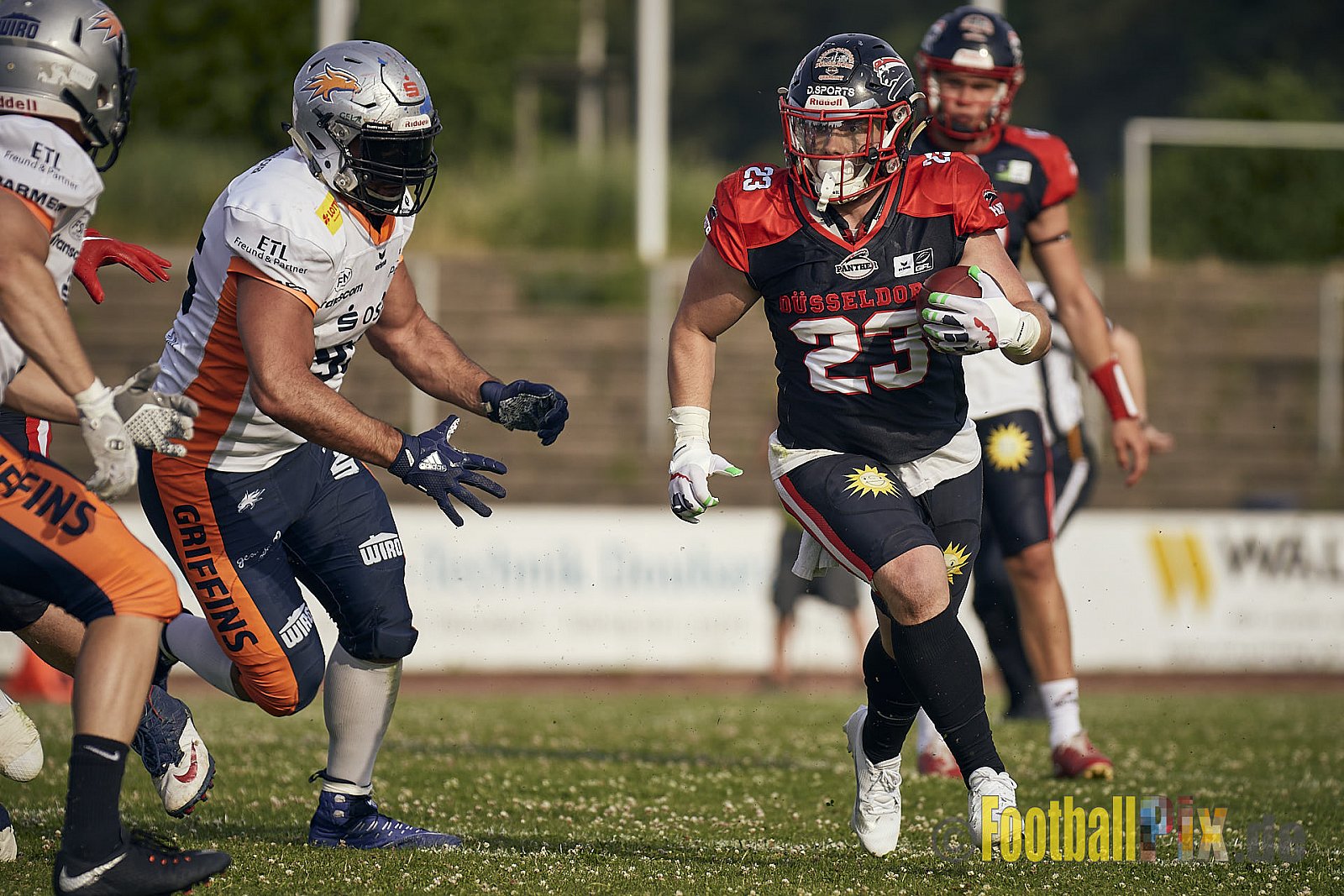 Spiel der GFL2 Season 2023 Düsseldorf Panther vs. Rostock Griffins am 17.06.2023 im Stadion VfL Benrath, Karl-Hohmann-Straße 70, 40597 Düsseldorf. Punkte Endstand 46 : 26. 
Bildnummer: 2023-06-17_0458 - DPantherVsRostockGriffins