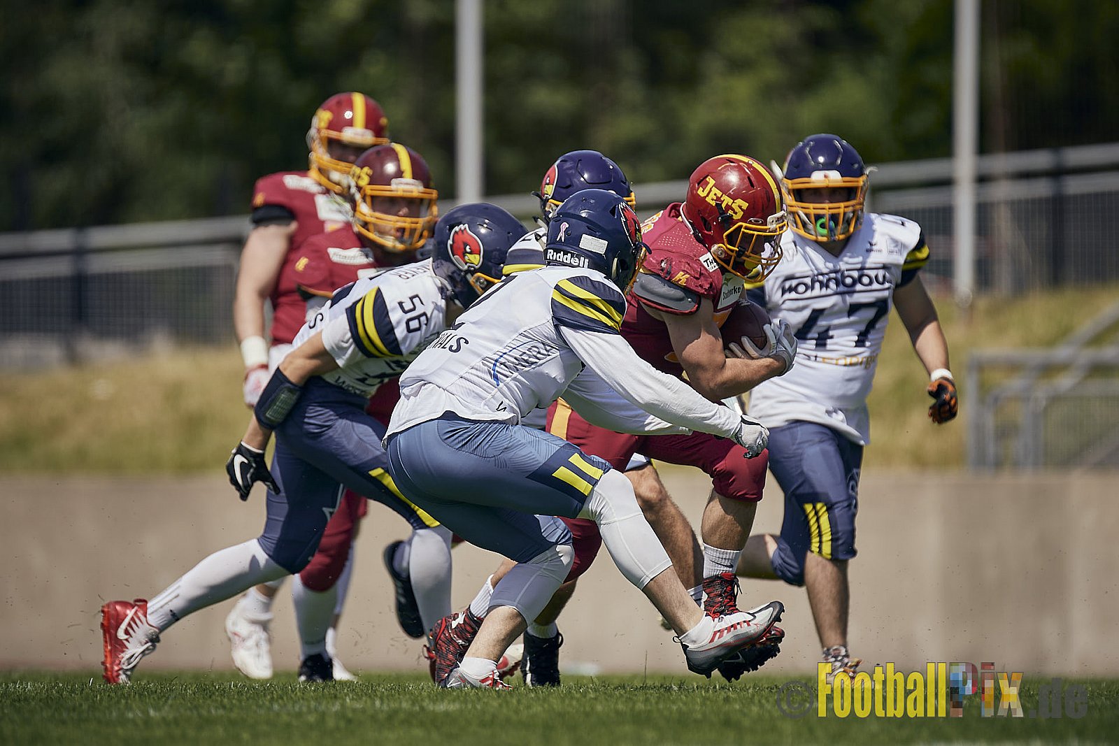 AFCV NRW Regionalliga Season 2023 Essen Assindia Cardinals vs. Troisdorf Jets am 25.06.2023 im Stadion Stadion am Hallo, Hallostraße 50, 45141 Essen. Punkte Endstand 20 : 35. 
Bildnummer: 2023-06-25_0170 - EssenAssindiaCardinalsVsTroisdorfJets