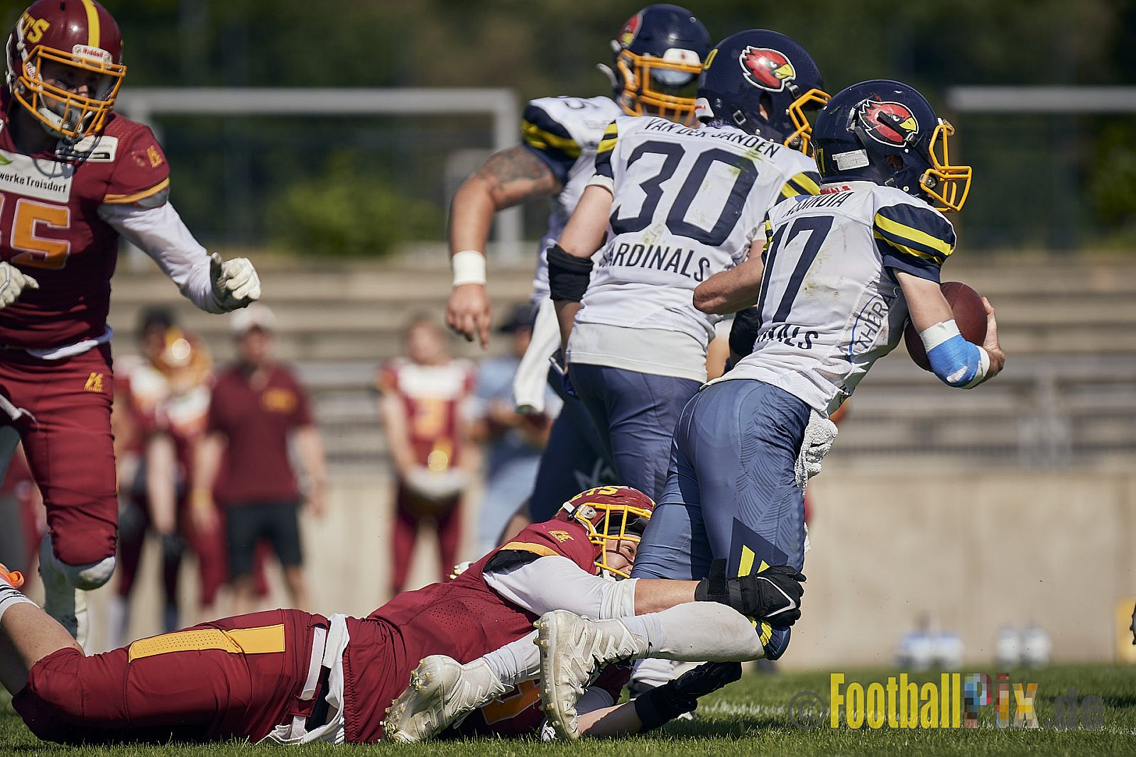 AFCV NRW Regionalliga Season 2023 Essen Assindia Cardinals vs. Troisdorf Jets am 25.06.2023 im Stadion Stadion am Hallo, Hallostraße 50, 45141 Essen. Punkte Endstand 20 : 35. 
Bildnummer: 2023-06-25_0498 - EssenAssindiaCardinalsVsTroisdorfJets