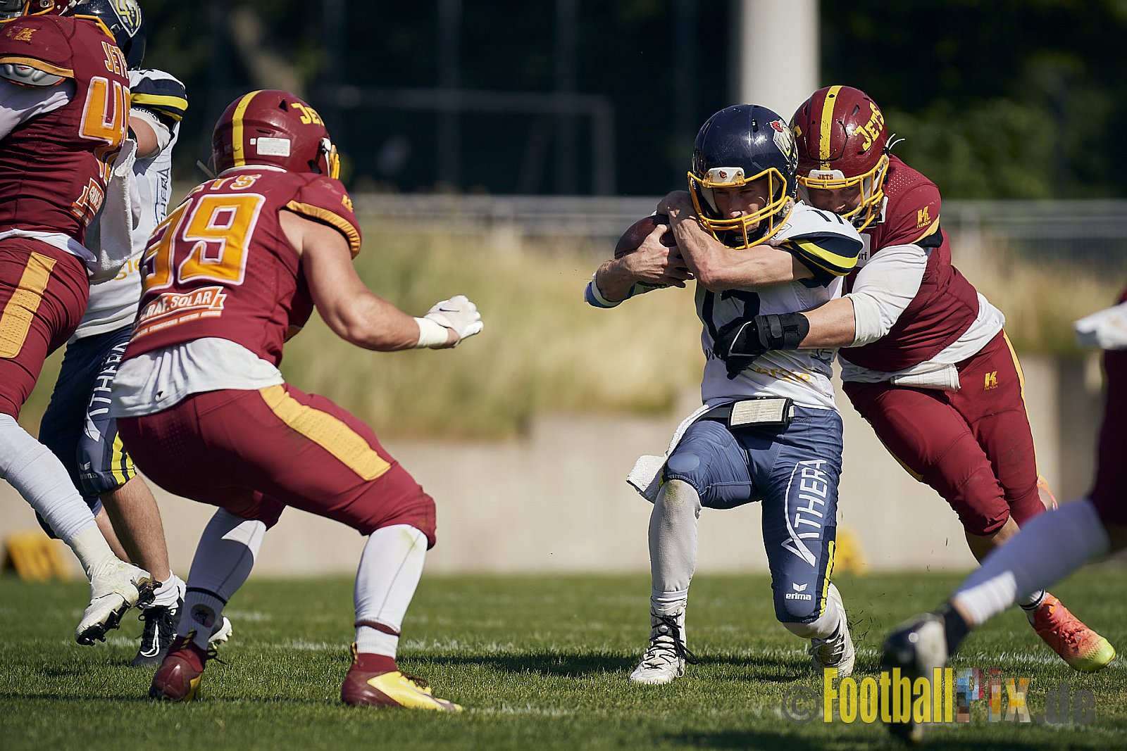 AFCV NRW Regionalliga Season 2023 Essen Assindia Cardinals vs. Troisdorf Jets am 25.06.2023 im Stadion Stadion am Hallo, Hallostraße 50, 45141 Essen. Punkte Endstand 20 : 35. 
Bildnummer: 2023-06-25_0561 - EssenAssindiaCardinalsVsTroisdorfJets