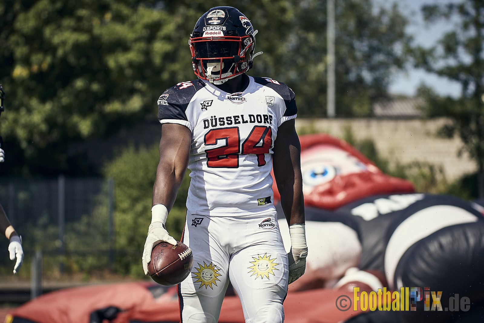 Spiel der GFL2 Season 2023 Düsseldorf Panther vs. Münster Blackhawks am 08.07.2023 im Stadion VfL Benrath, Karl-Hohmann-Straße 70, 40597 Düsseldorf. Punkte Endstand 39 : 0. 
Bildnummer: 2023-07-08_0069 - DPantherVsMsBlackhawks