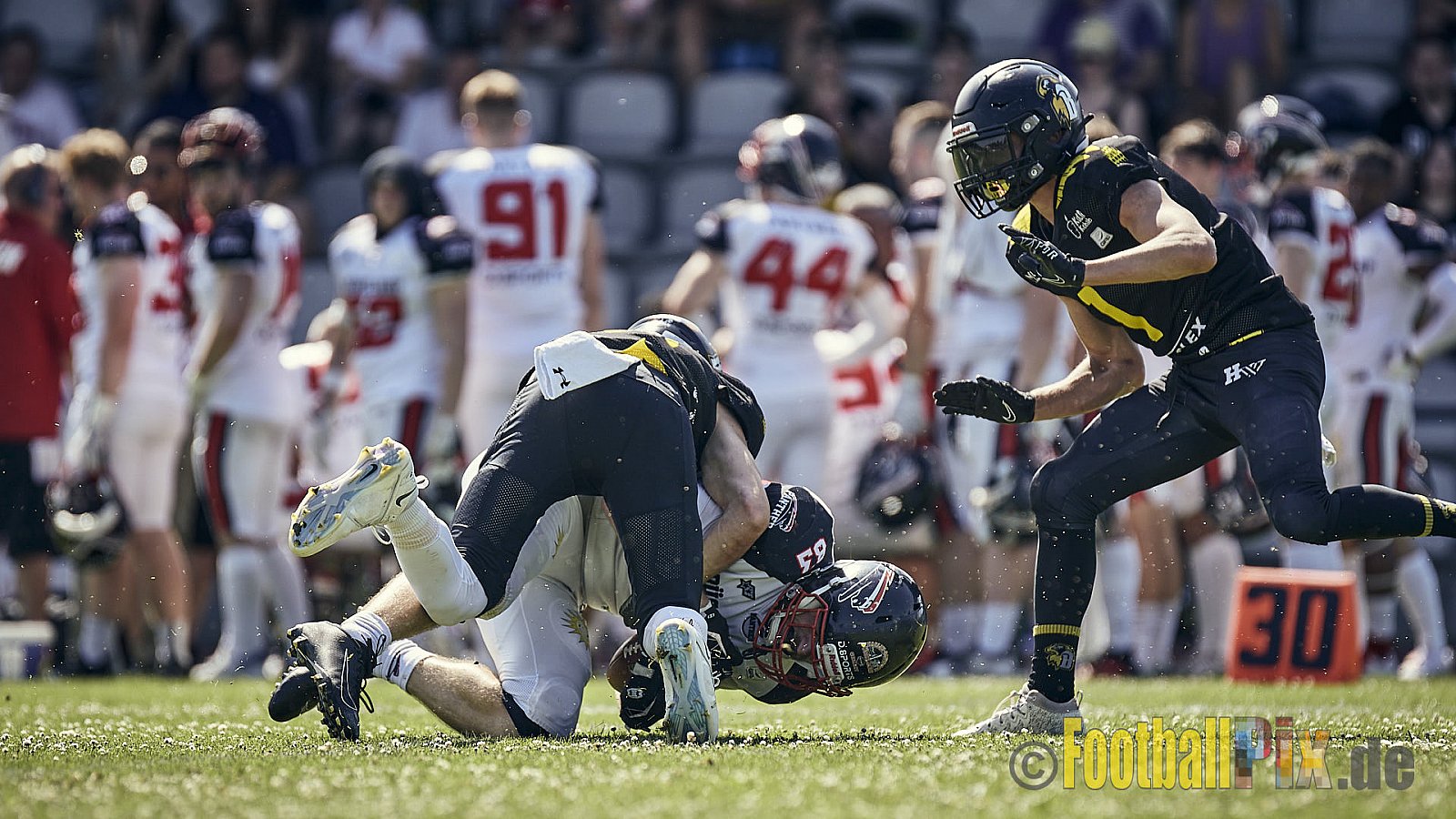 Spiel der GFL2 Season 2023 Düsseldorf Panther vs. Münster Blackhawks am 08.07.2023 im Stadion VfL Benrath, Karl-Hohmann-Straße 70, 40597 Düsseldorf. Punkte Endstand 39 : 0. 
Bildnummer: 2023-07-08_0085 - DPantherVsMsBlackhawks