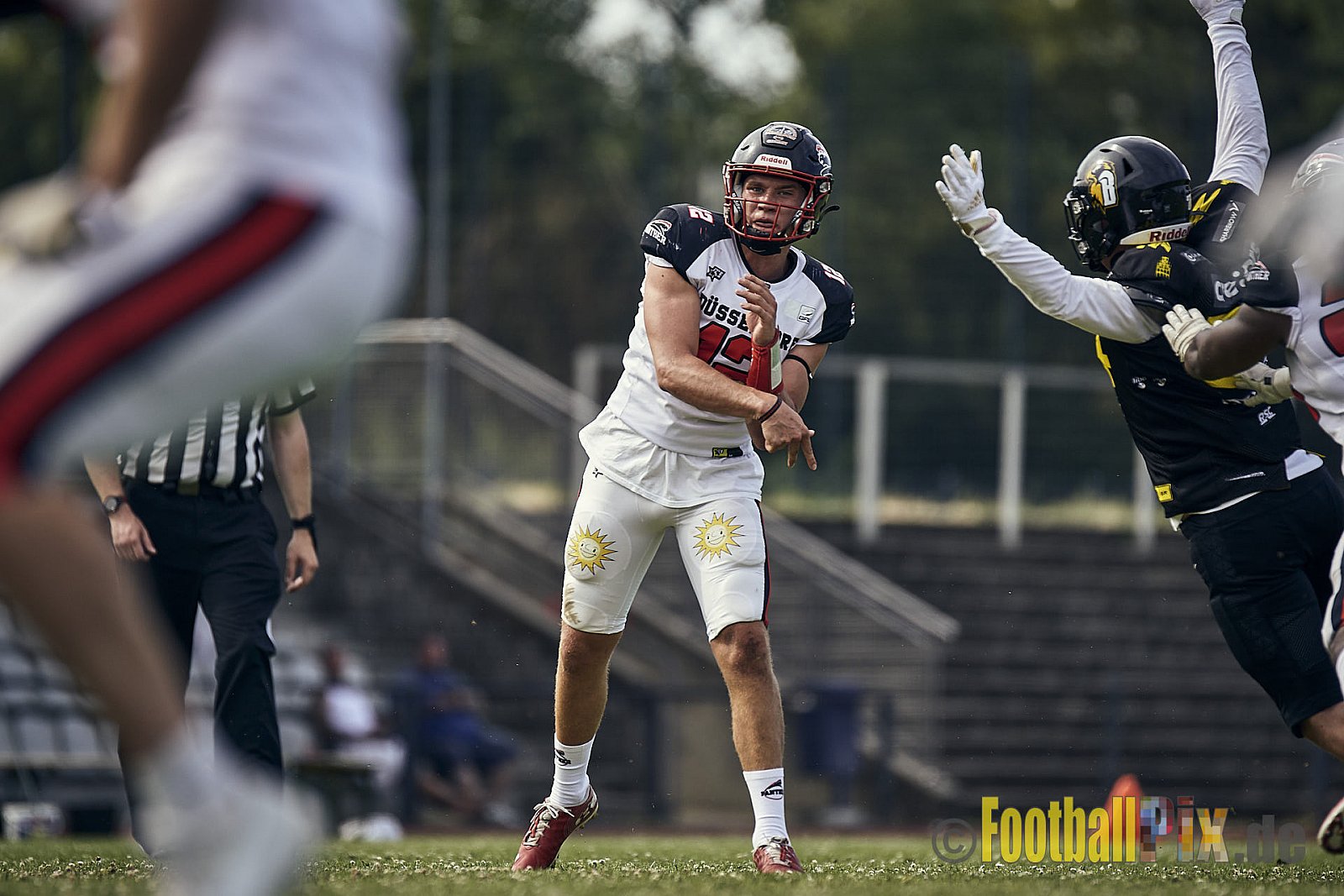 Spiel der GFL2 Season 2023 Düsseldorf Panther vs. Münster Blackhawks am 08.07.2023 im Stadion VfL Benrath, Karl-Hohmann-Straße 70, 40597 Düsseldorf. Punkte Endstand 39 : 0. 
Bildnummer: 2023-07-08_0190 - DPantherVsMsBlackhawks