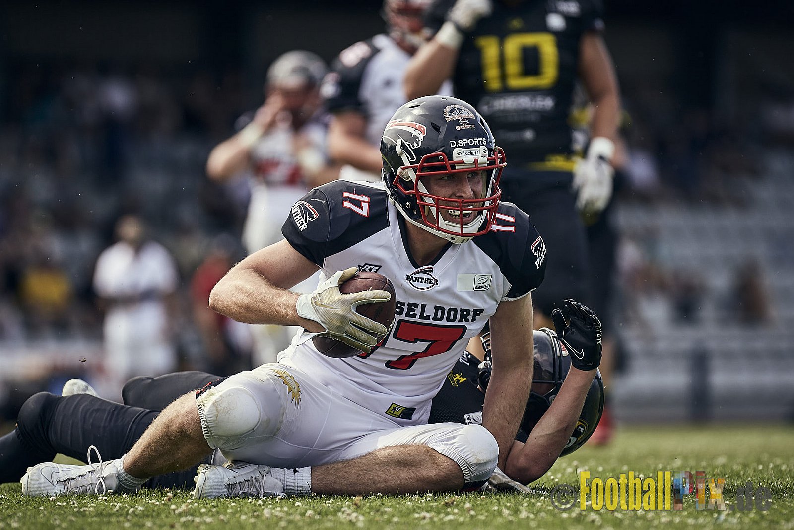 Spiel der GFL2 Season 2023 Düsseldorf Panther vs. Münster Blackhawks am 08.07.2023 im Stadion VfL Benrath, Karl-Hohmann-Straße 70, 40597 Düsseldorf. Punkte Endstand 39 : 0. 
Bildnummer: 2023-07-08_0199 - DPantherVsMsBlackhawks
