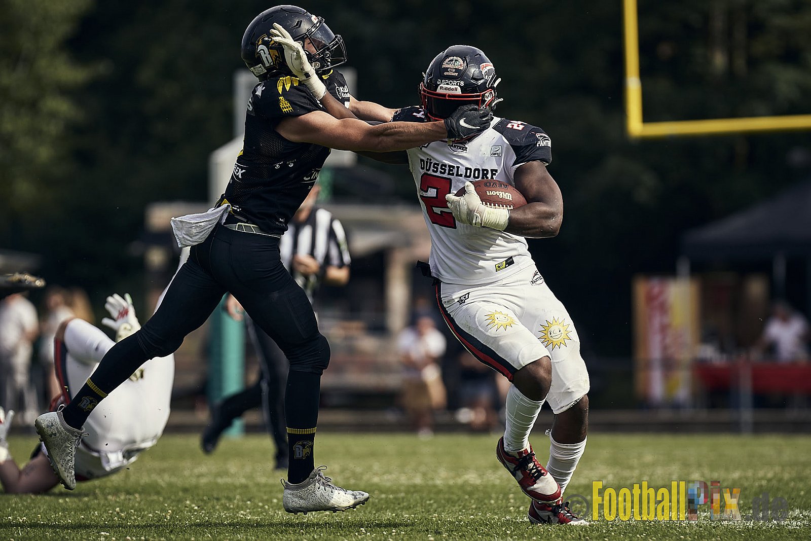 Spiel der GFL2 Season 2023 Düsseldorf Panther vs. Münster Blackhawks am 08.07.2023 im Stadion VfL Benrath, Karl-Hohmann-Straße 70, 40597 Düsseldorf. Punkte Endstand 39 : 0. 
Bildnummer: 2023-07-08_0226 - DPantherVsMsBlackhawks