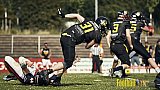 Spiel der GFL2 Season 2023 D&uuml;sseldorf Panther vs. M&uuml;nster Blackhawks am 08.07.2023 im Stadion VfL Benrath, Karl-Hohmann-Stra&szlig;e 70, 40597 D&uuml;sseldorf. Punkte Endstand 39 : 0. Bildnummer: 2023-07-08_0235 - DPantherVsMsBlackhawks