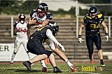 Spiel der GFL2 Season 2023 D&uuml;sseldorf Panther vs. M&uuml;nster Blackhawks am 08.07.2023 im Stadion VfL Benrath, Karl-Hohmann-Stra&szlig;e 70, 40597 D&uuml;sseldorf. Punkte Endstand 39 : 0. Bildnummer: 2023-07-08_0258 - DPantherVsMsBlackhawks