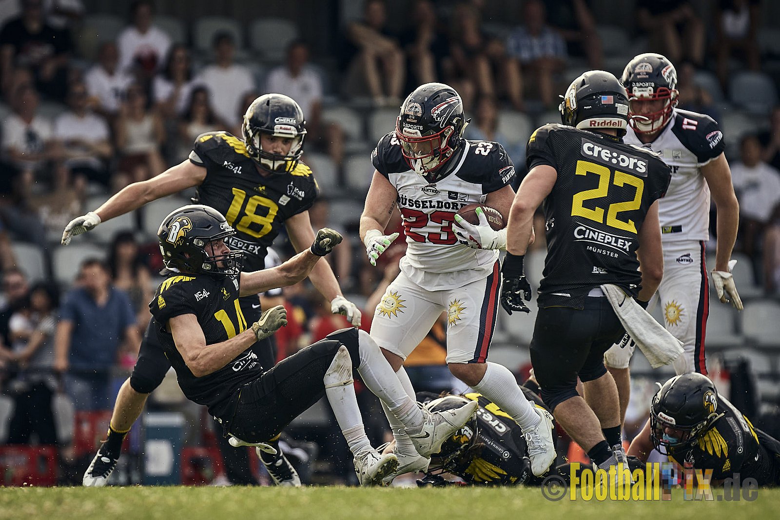 Spiel der GFL2 Season 2023 Düsseldorf Panther vs. Münster Blackhawks am 08.07.2023 im Stadion VfL Benrath, Karl-Hohmann-Straße 70, 40597 Düsseldorf. Punkte Endstand 39 : 0. 
Bildnummer: 2023-07-08_0334 - DPantherVsMsBlackhawks