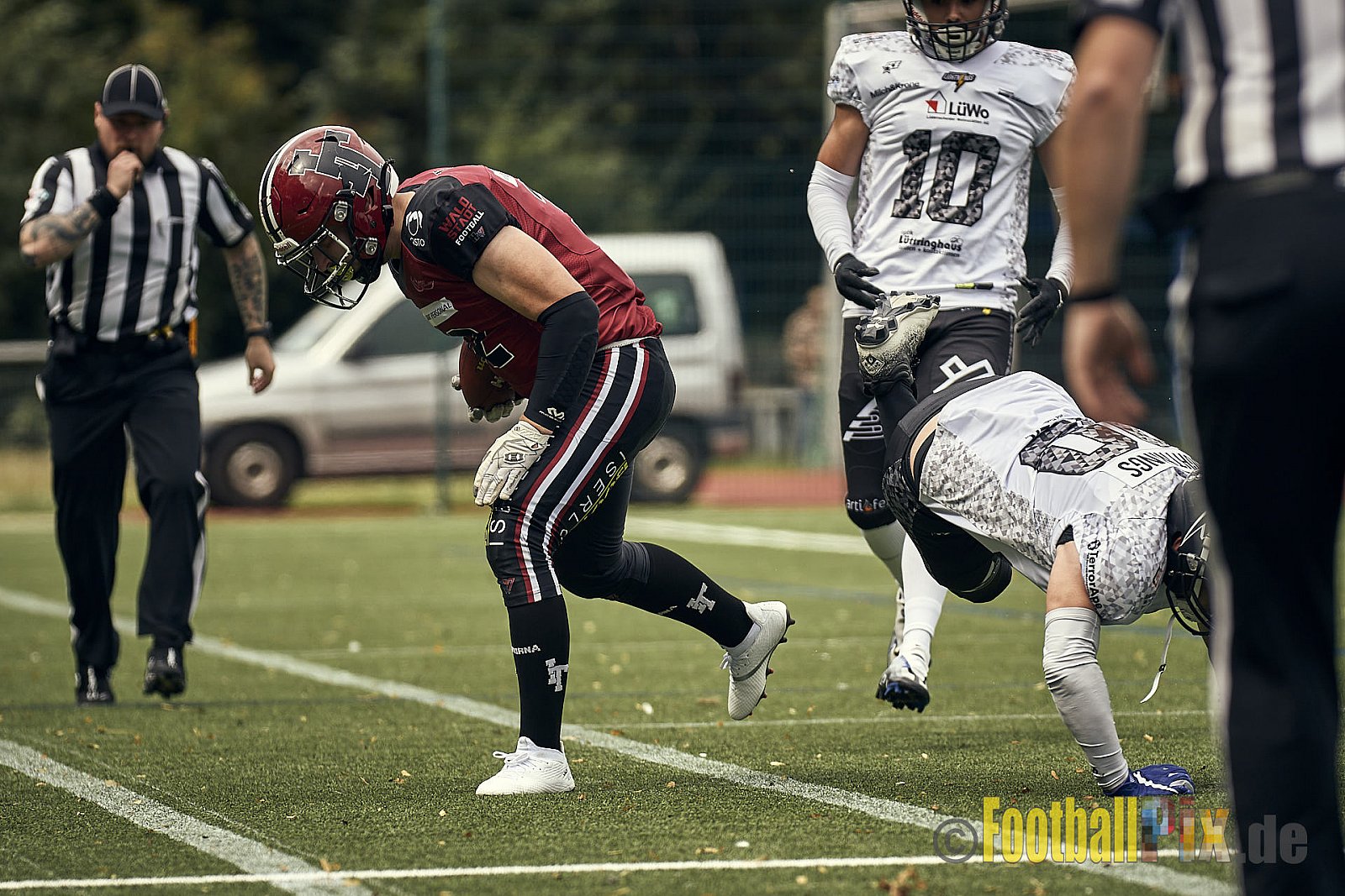AFCV Landesliga NRW Season 2023 Iserlohn Titans vs. Lüdenscheid Lightnings am 5.08.2023 im Stadion inceptum-Stadion am Seilersee, Seeuferstraße 26, 58636 Iserlohn. Punkte Endstand 18 : 28. 
Bildnummer: 2023-08-05_0053 - IserlohnTitansVsLuedenscheidLightnings