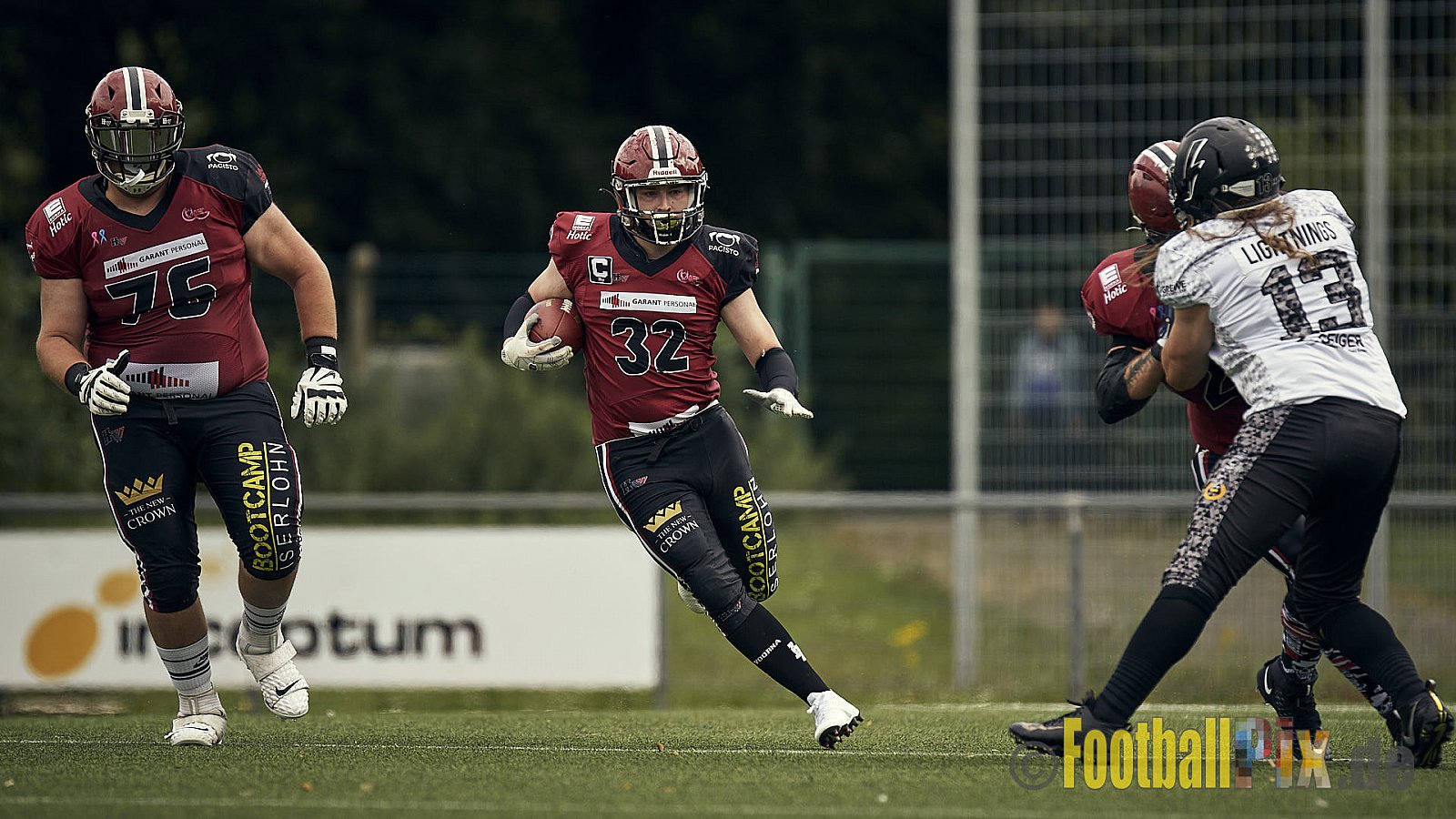 AFCV Landesliga NRW Season 2023 Iserlohn Titans vs. Lüdenscheid Lightnings am 5.08.2023 im Stadion inceptum-Stadion am Seilersee, Seeuferstraße 26, 58636 Iserlohn. Punkte Endstand 18 : 28. 
Bildnummer: 2023-08-05_0165 - IserlohnTitansVsLuedenscheidLightnings