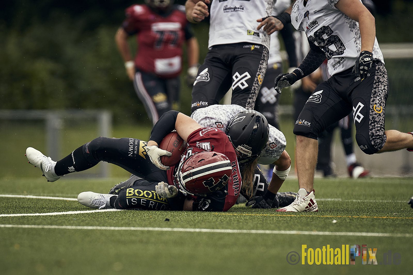 AFCV Landesliga NRW Season 2023 Iserlohn Titans vs. Lüdenscheid Lightnings am 5.08.2023 im Stadion inceptum-Stadion am Seilersee, Seeuferstraße 26, 58636 Iserlohn. Punkte Endstand 18 : 28. 
Bildnummer: 2023-08-05_0170 - IserlohnTitansVsLuedenscheidLightnings