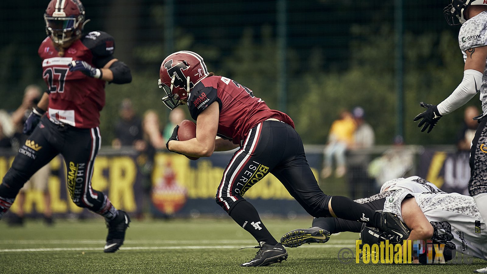 AFCV Landesliga NRW Season 2023 Iserlohn Titans vs. Lüdenscheid Lightnings am 5.08.2023 im Stadion inceptum-Stadion am Seilersee, Seeuferstraße 26, 58636 Iserlohn. Punkte Endstand 18 : 28. 
Bildnummer: 2023-08-05_0221 - IserlohnTitansVsLuedenscheidLightnings