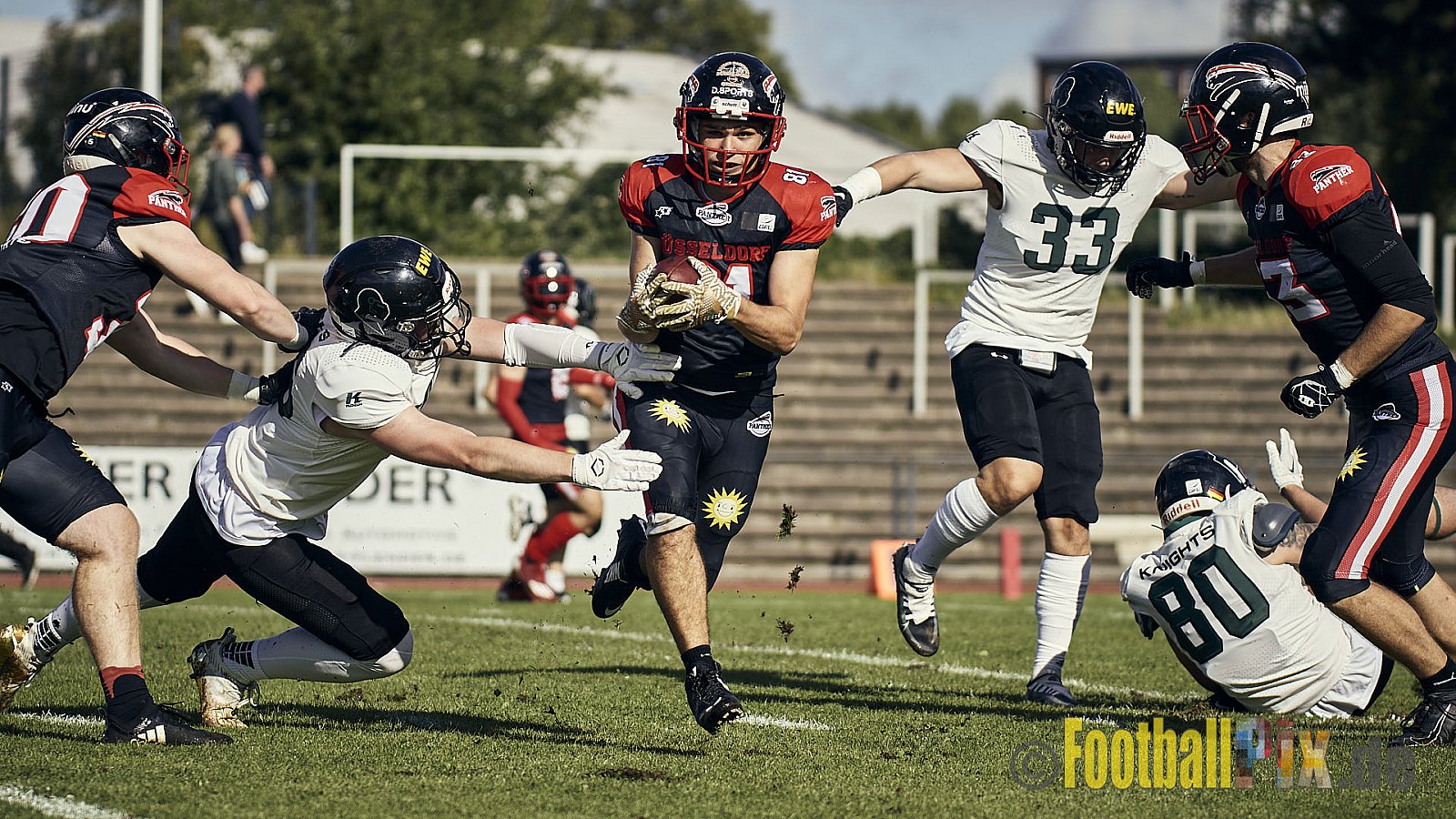Ligaspiel der GFL2 Season 2023 Düsseldorf Panther vs. Oldenburg Knights am 12.08.2023 im Stadion VfL Benrath, Karl-Hohmann-Straße 70, 40597 Düsseldorf. Punkte Endstand 6 : 8.
Bildnummer: 2023-08-12_0090 - DPantherVsOldenburgKnights