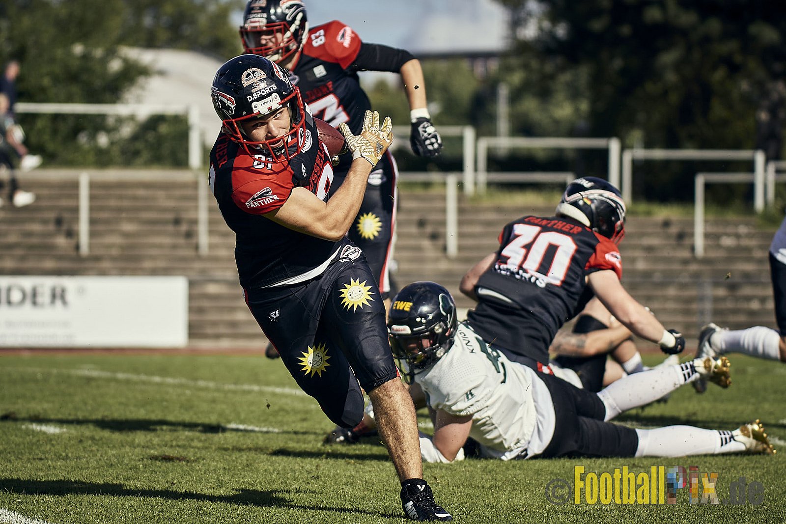 Ligaspiel der GFL2 Season 2023 Düsseldorf Panther vs. Oldenburg Knights am 12.08.2023 im Stadion VfL Benrath, Karl-Hohmann-Straße 70, 40597 Düsseldorf. Punkte Endstand 6 : 8.
Bildnummer: 2023-08-12_0092 - DPantherVsOldenburgKnights