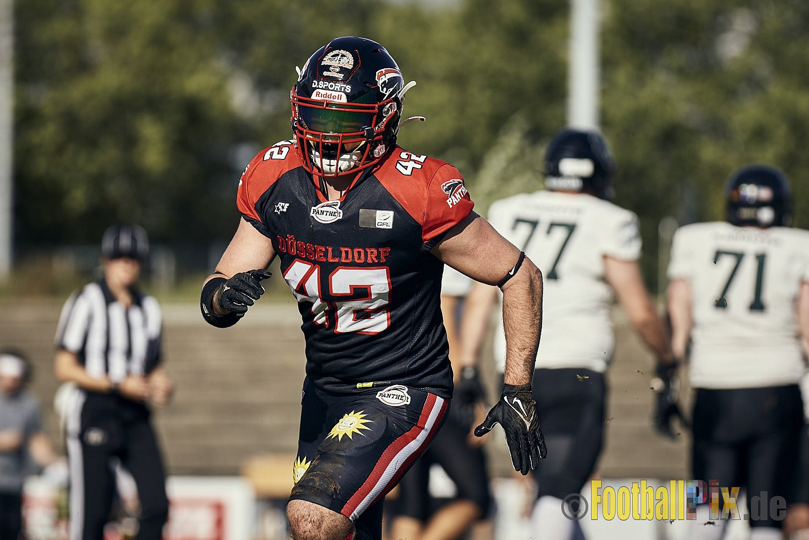 Ligaspiel der GFL2 Season 2023 Düsseldorf Panther vs. Oldenburg Knights am 12.08.2023 im Stadion VfL Benrath, Karl-Hohmann-Straße 70, 40597 Düsseldorf. Punkte Endstand 6 : 8.
Bildnummer: 2023-08-12_0170 - DPantherVsOldenburgKnights