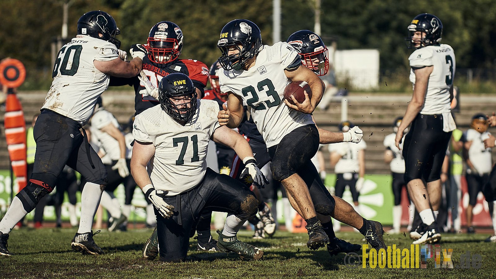 Ligaspiel der GFL2 Season 2023 Düsseldorf Panther vs. Oldenburg Knights am 12.08.2023 im Stadion VfL Benrath, Karl-Hohmann-Straße 70, 40597 Düsseldorf. Punkte Endstand 6 : 8.
Bildnummer: 2023-08-12_0200 - DPantherVsOldenburgKnights