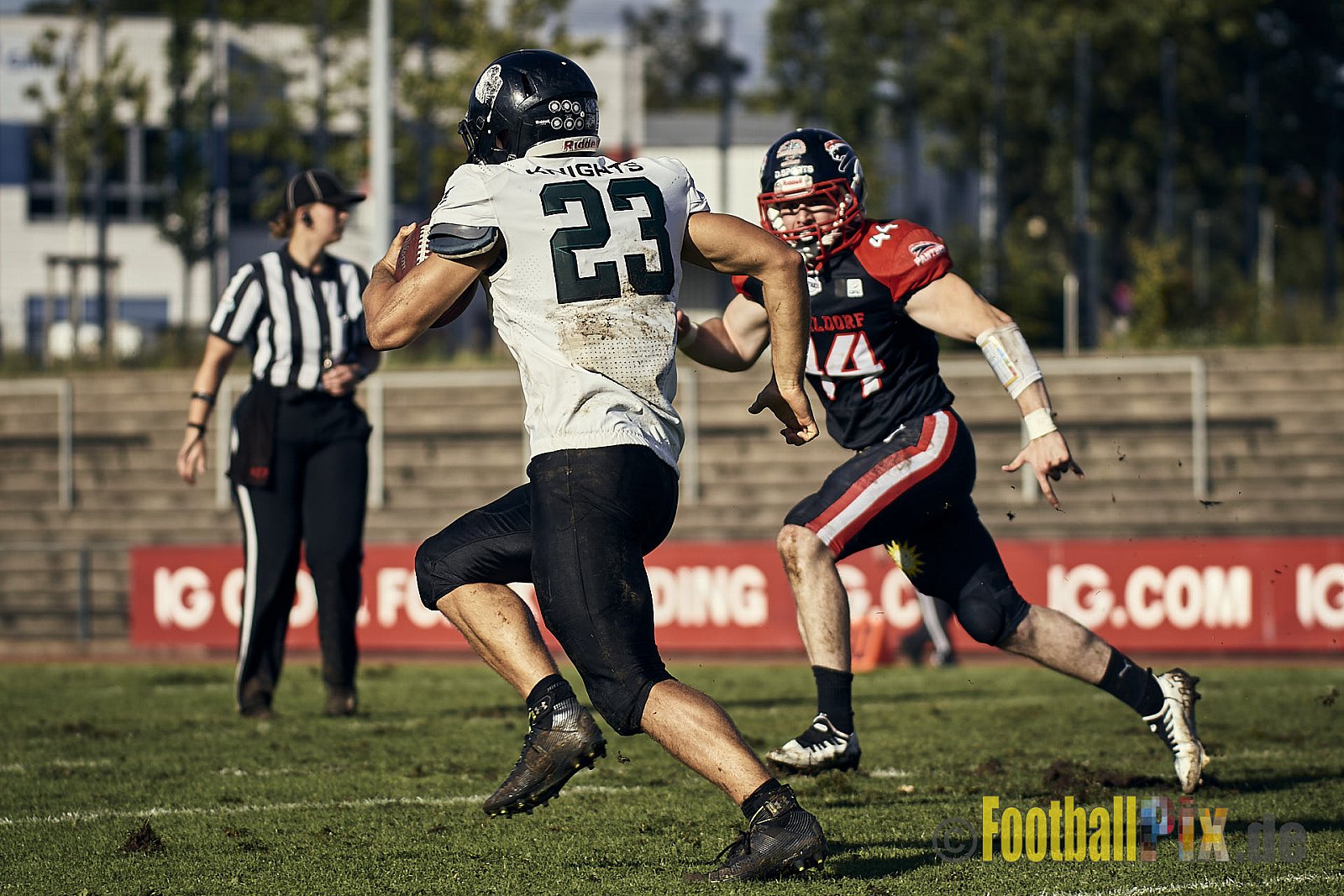 Ligaspiel der GFL2 Season 2023 Düsseldorf Panther vs. Oldenburg Knights am 12.08.2023 im Stadion VfL Benrath, Karl-Hohmann-Straße 70, 40597 Düsseldorf. Punkte Endstand 6 : 8.
Bildnummer: 2023-08-12_0204 - DPantherVsOldenburgKnights