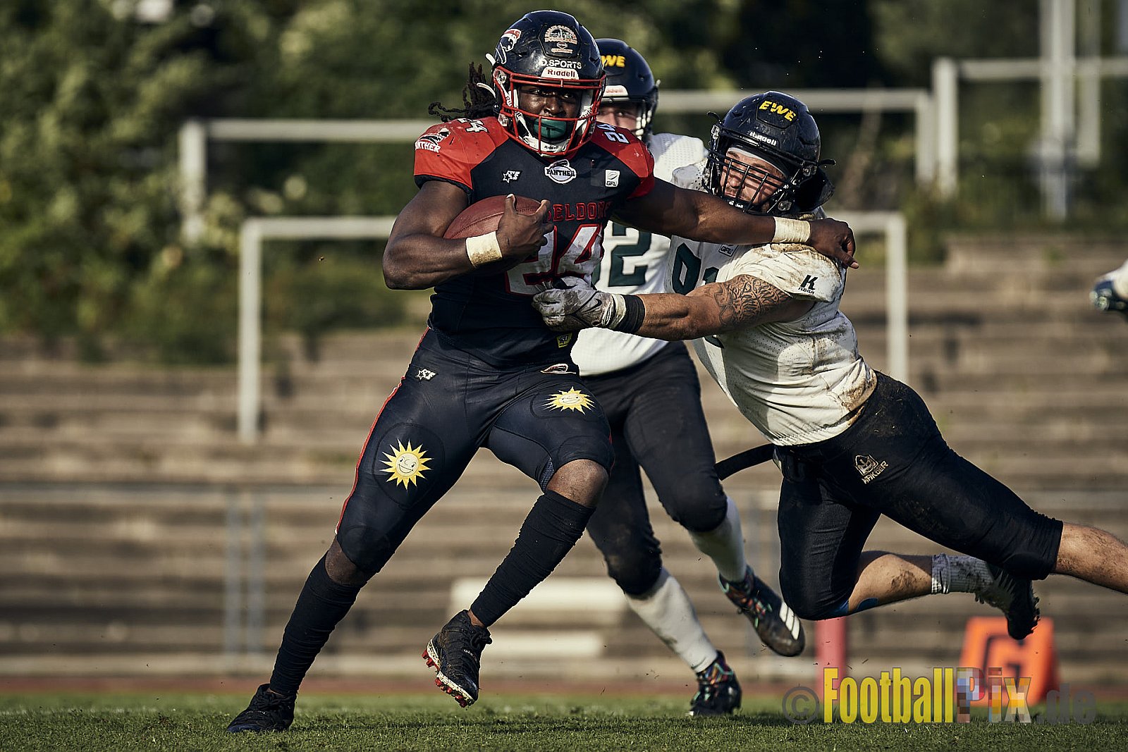 Ligaspiel der GFL2 Season 2023 Düsseldorf Panther vs. Oldenburg Knights am 12.08.2023 im Stadion VfL Benrath, Karl-Hohmann-Straße 70, 40597 Düsseldorf. Punkte Endstand 6 : 8.
Bildnummer: 2023-08-12_0208 - DPantherVsOldenburgKnights