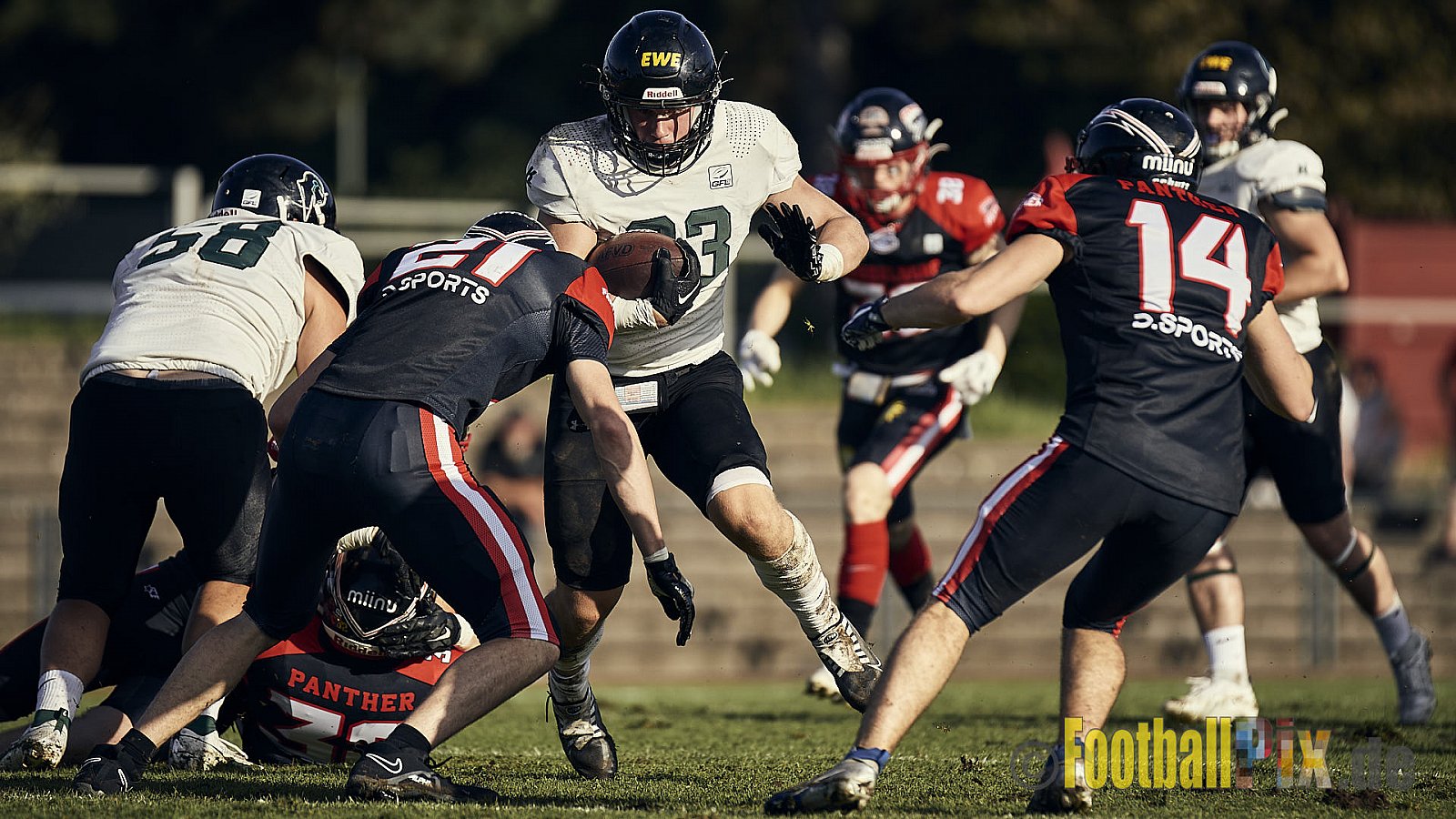 Ligaspiel der GFL2 Season 2023 Düsseldorf Panther vs. Oldenburg Knights am 12.08.2023 im Stadion VfL Benrath, Karl-Hohmann-Straße 70, 40597 Düsseldorf. Punkte Endstand 6 : 8.
Bildnummer: 2023-08-12_0222 - DPantherVsOldenburgKnights