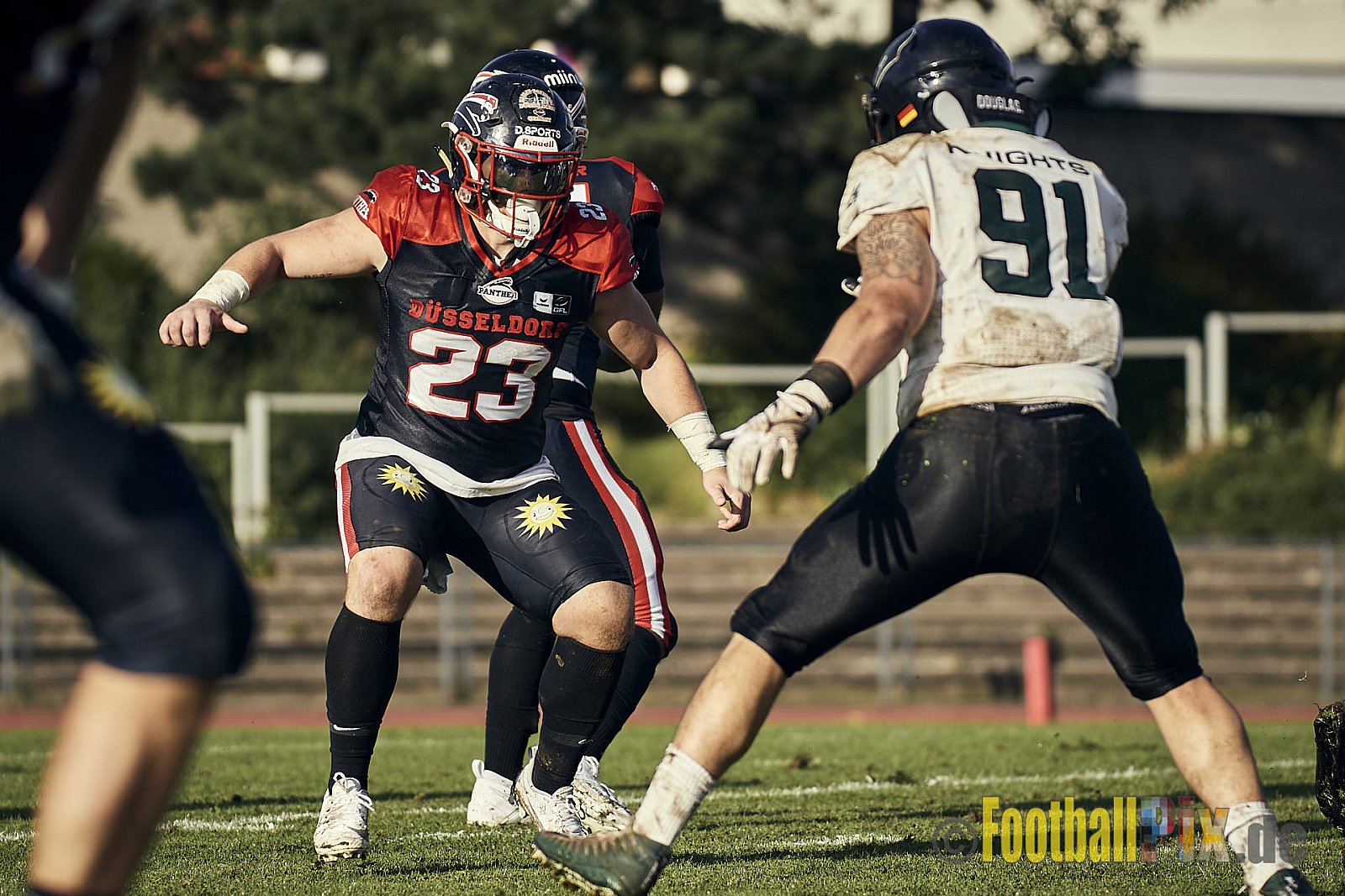 Ligaspiel der GFL2 Season 2023 Düsseldorf Panther vs. Oldenburg Knights am 12.08.2023 im Stadion VfL Benrath, Karl-Hohmann-Straße 70, 40597 Düsseldorf. Punkte Endstand 6 : 8.
Bildnummer: 2023-08-12_0230 - DPantherVsOldenburgKnights