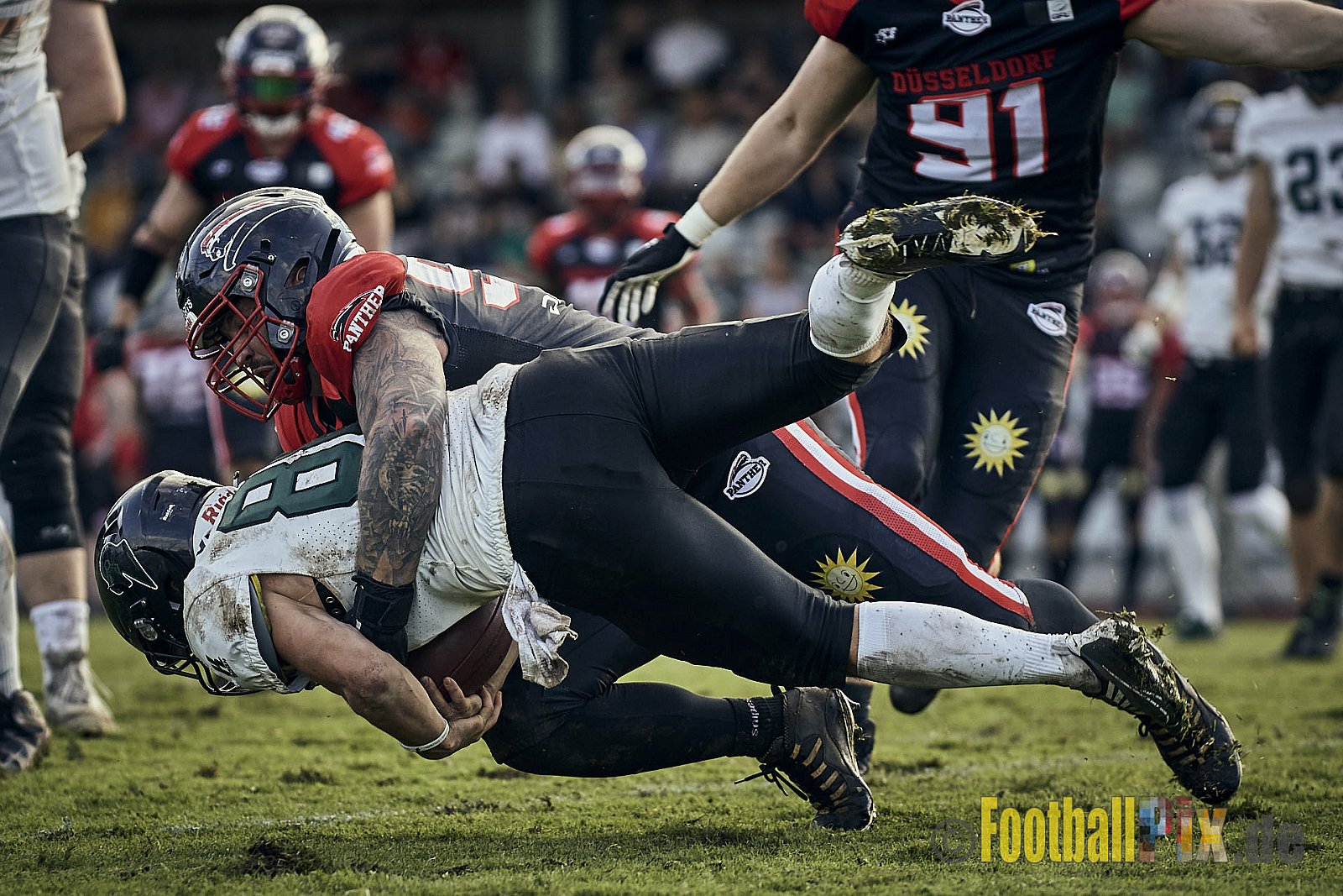 Ligaspiel der GFL2 Season 2023 Düsseldorf Panther vs. Oldenburg Knights am 12.08.2023 im Stadion VfL Benrath, Karl-Hohmann-Straße 70, 40597 Düsseldorf. Punkte Endstand 6 : 8.
Bildnummer: 2023-08-12_0356 - DPantherVsOldenburgKnights