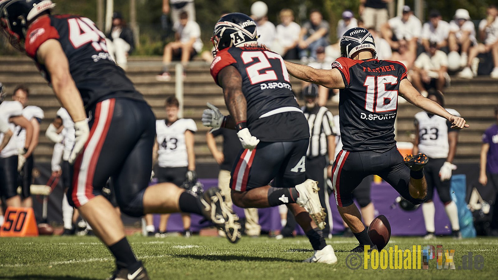 Ligaspiel der GFL2 Season 2023 Düsseldorf Panther vs. Langenfeld Longhorns am 26.08.2023 im Stadion VfL Benrath, Karl-Hohmann-Straße 70, 40597 Düsseldorf. Punkte Endstand 14 : 6 (7:0/7:0/0:0/0:6). 
Bildnummer: 2023-08-26_0081 - DPantherVsLangenfeldLonghorns