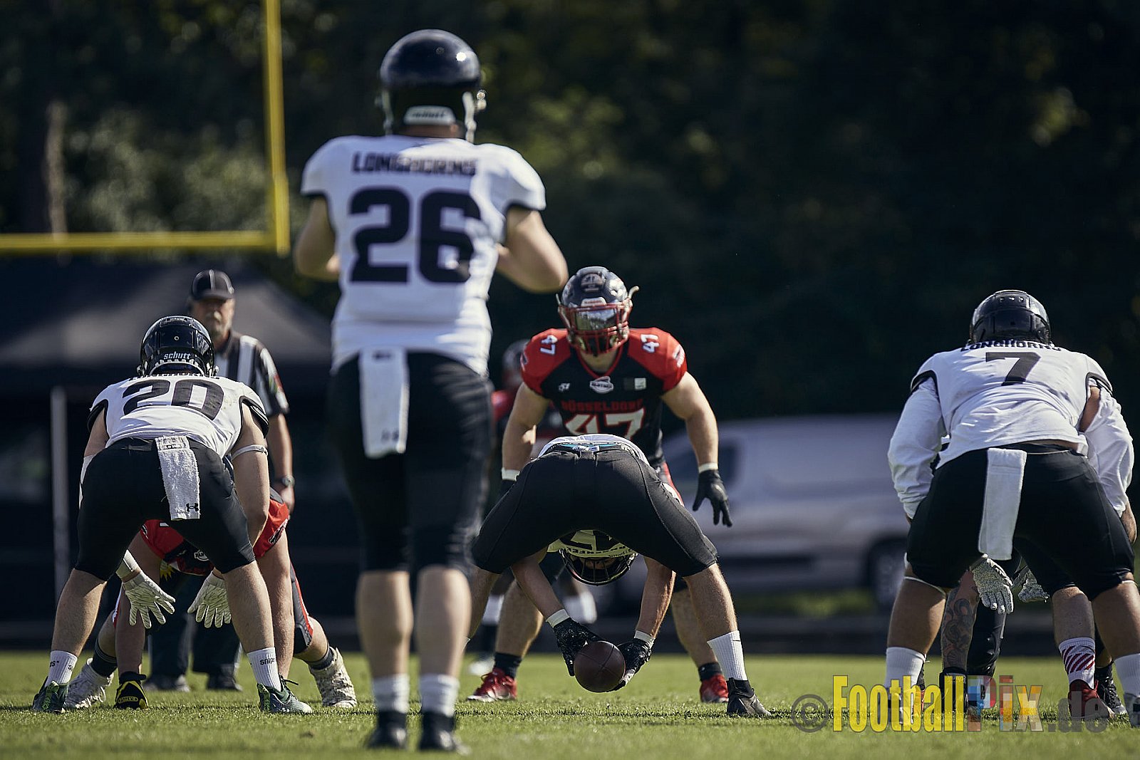 Ligaspiel der GFL2 Season 2023 Düsseldorf Panther vs. Langenfeld Longhorns am 26.08.2023 im Stadion VfL Benrath, Karl-Hohmann-Straße 70, 40597 Düsseldorf. Punkte Endstand 14 : 6 (7:0/7:0/0:0/0:6). 
Bildnummer: 2023-08-26_0140 - DPantherVsLangenfeldLonghorns