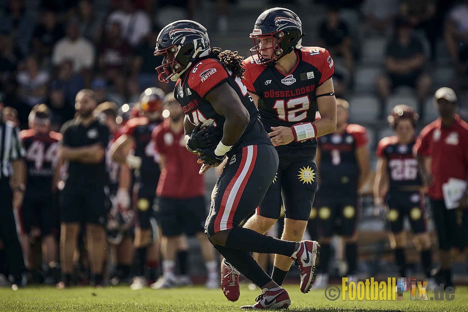 Ligaspiel der GFL2 Season 2023 Düsseldorf Panther vs. Langenfeld Longhorns am 26.08.2023 im Stadion VfL Benrath, Karl-Hohmann-Straße 70, 40597 Düsseldorf. Punkte Endstand 14 : 6 (7:0/7:0/0:0/0:6). 
Bildnummer: 2023-08-26_0204 - DPantherVsLangenfeldLonghorns