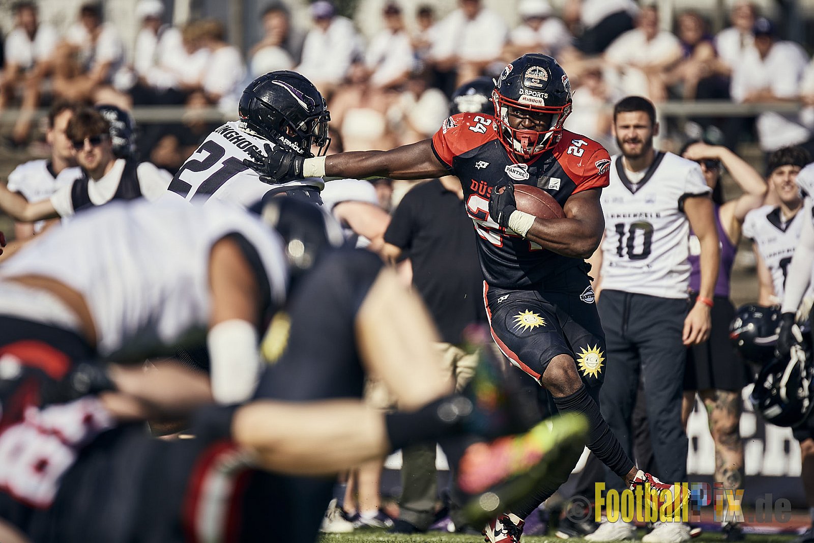 Ligaspiel der GFL2 Season 2023 Düsseldorf Panther vs. Langenfeld Longhorns am 26.08.2023 im Stadion VfL Benrath, Karl-Hohmann-Straße 70, 40597 Düsseldorf. Punkte Endstand 14 : 6 (7:0/7:0/0:0/0:6). 
Bildnummer: 2023-08-26_0277 - DPantherVsLangenfeldLonghorns