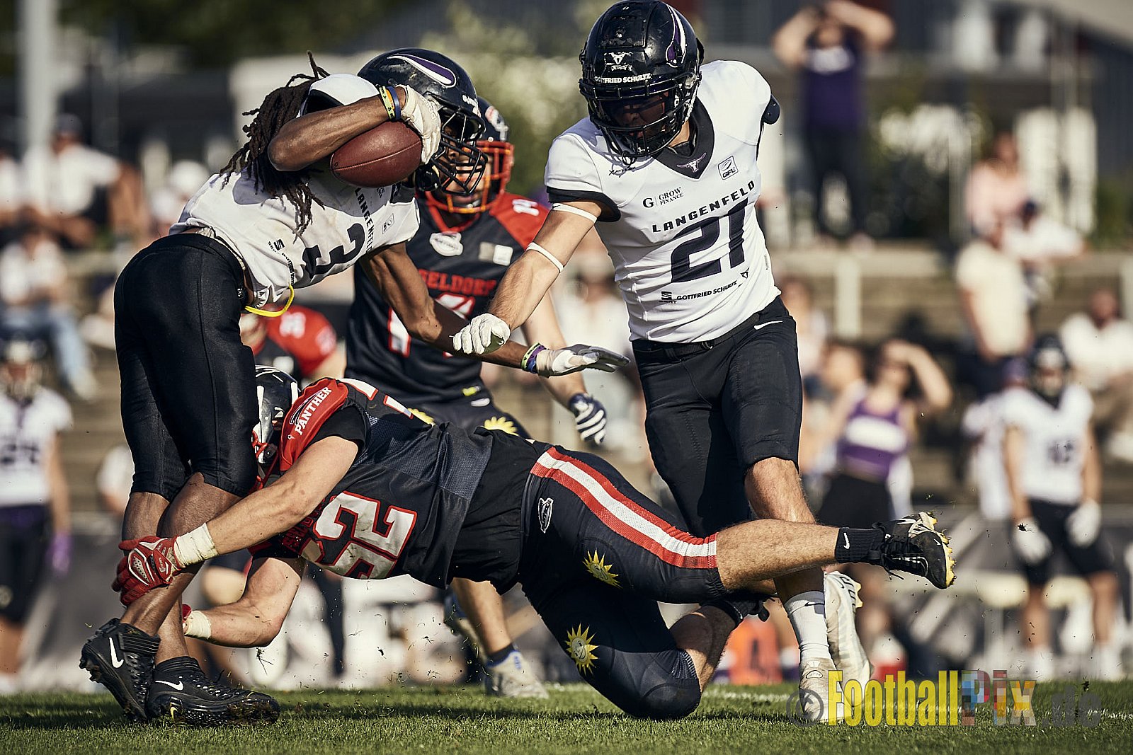 Ligaspiel der GFL2 Season 2023 Düsseldorf Panther vs. Langenfeld Longhorns am 26.08.2023 im Stadion VfL Benrath, Karl-Hohmann-Straße 70, 40597 Düsseldorf. Punkte Endstand 14 : 6 (7:0/7:0/0:0/0:6). 
Bildnummer: 2023-08-26_0524 - DPantherVsLangenfeldLonghorns