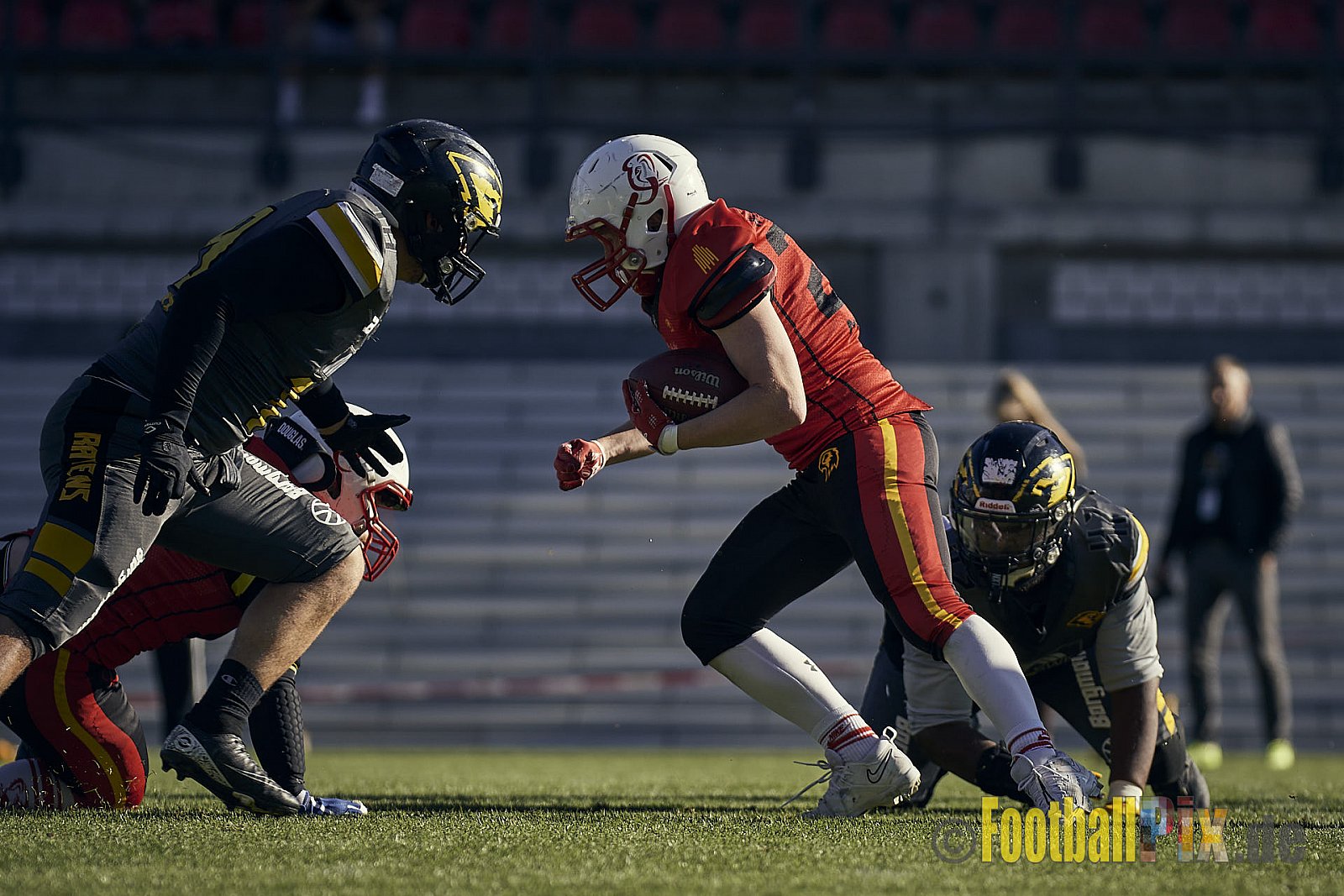 Spiel der AFCV Regionalliga NRW Season 2023 Krefeld Ravens vs. Münster Mammuts am 24.09.2023 im Stadion Grotenburgstadion, Tiergartenstraße, Bockum, Krefeld, North Rhine-Westphalia, 47800, Germany. Punkte Endstand 45 : 0. 
Bildnummer: 2023-09-24_0502 - KrefeldRavensVsMMammuts