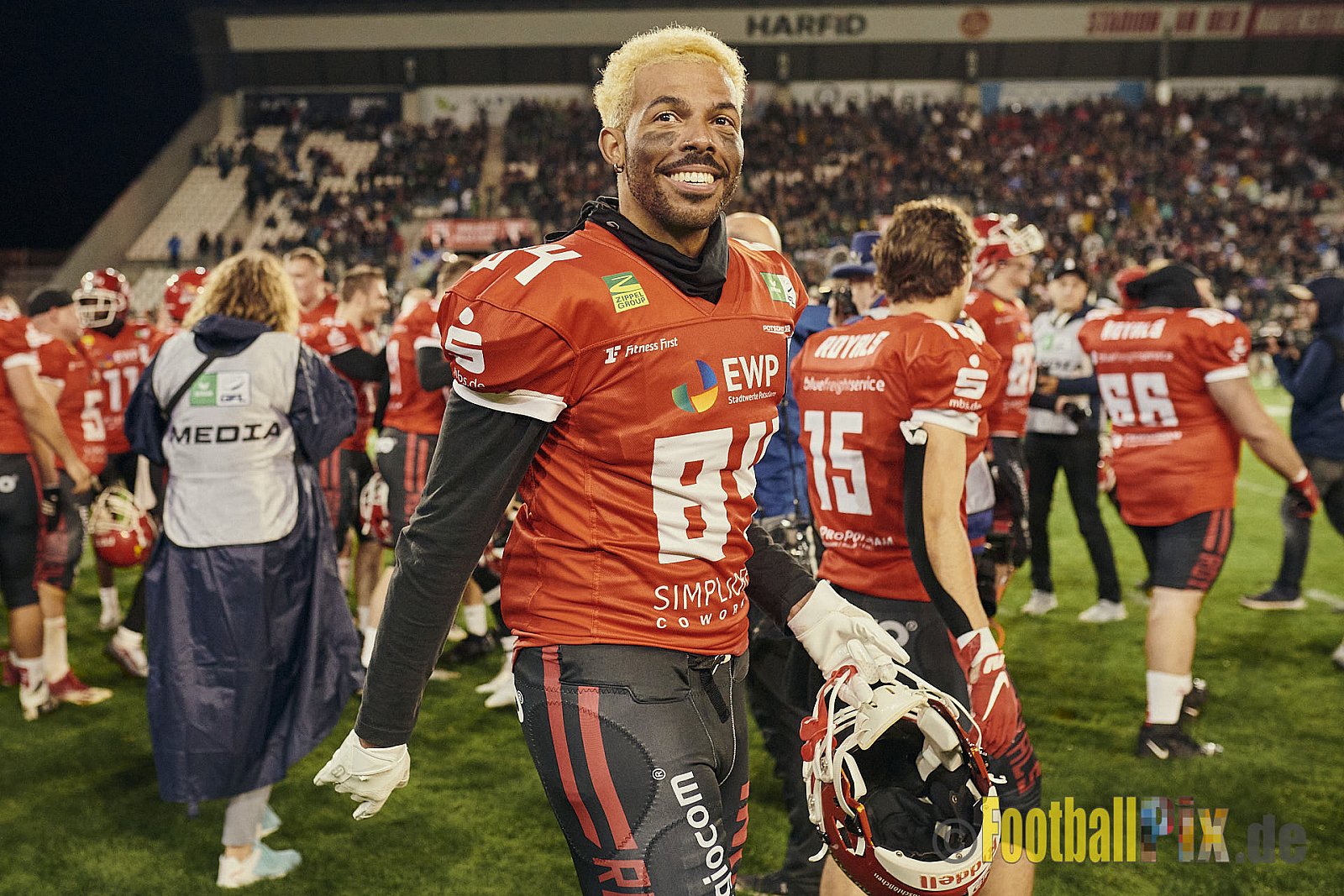 ERIMA GFL Bowl 2023 Potsdam Royals vs. Schwäbisch Hall Unicorns am 14.10.2023 im Stadion Hafenstraße, 45356 Essen. Die Potsdam Royals sind zum ersten Mal Deutscher Meister mit einem Punkte Endstand von 34 : 7. 
Bildnummer: 2023-10-14_0997 - GflBowl2023SchwaebischHallUnicornsVsPotsdamRoyals