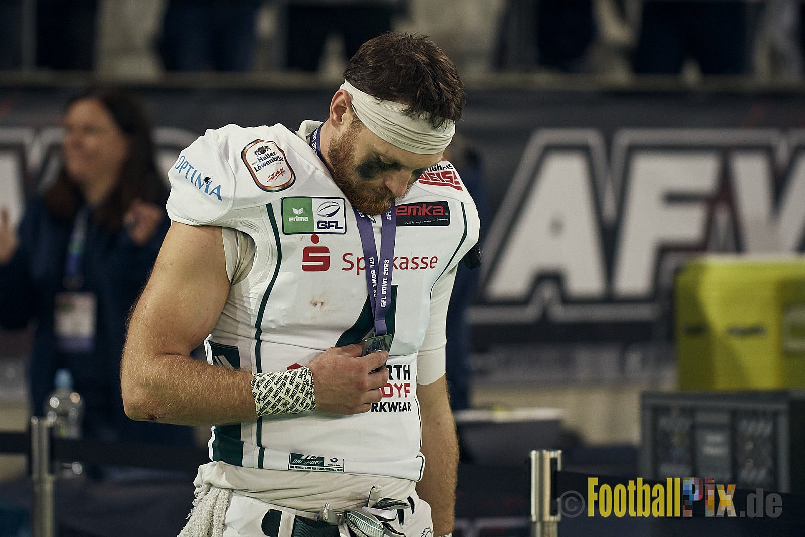 ERIMA GFL Bowl 2023 Potsdam Royals vs. Schwäbisch Hall Unicorns am 14.10.2023 im Stadion Hafenstraße, 45356 Essen. Die Potsdam Royals sind zum ersten Mal Deutscher Meister mit einem Punkte Endstand von 34 : 7. 
Bildnummer: 2023-10-14_1132 - GflBowl2023SchwaebischHallUnicornsVsPotsdamRoyals